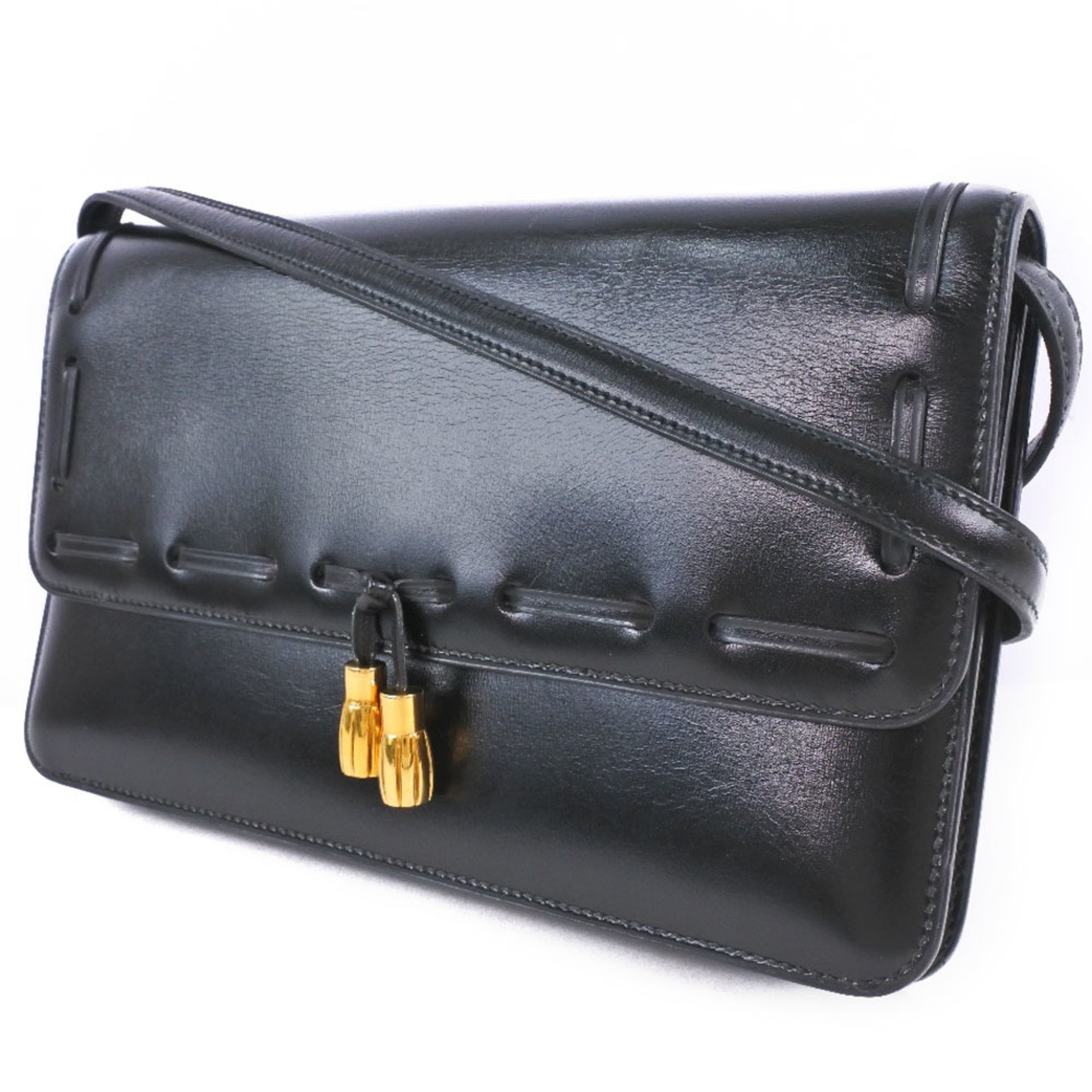 Hermes 2WAY Clutch Tassel Calf Black 〇O Women's Shoulder Bag