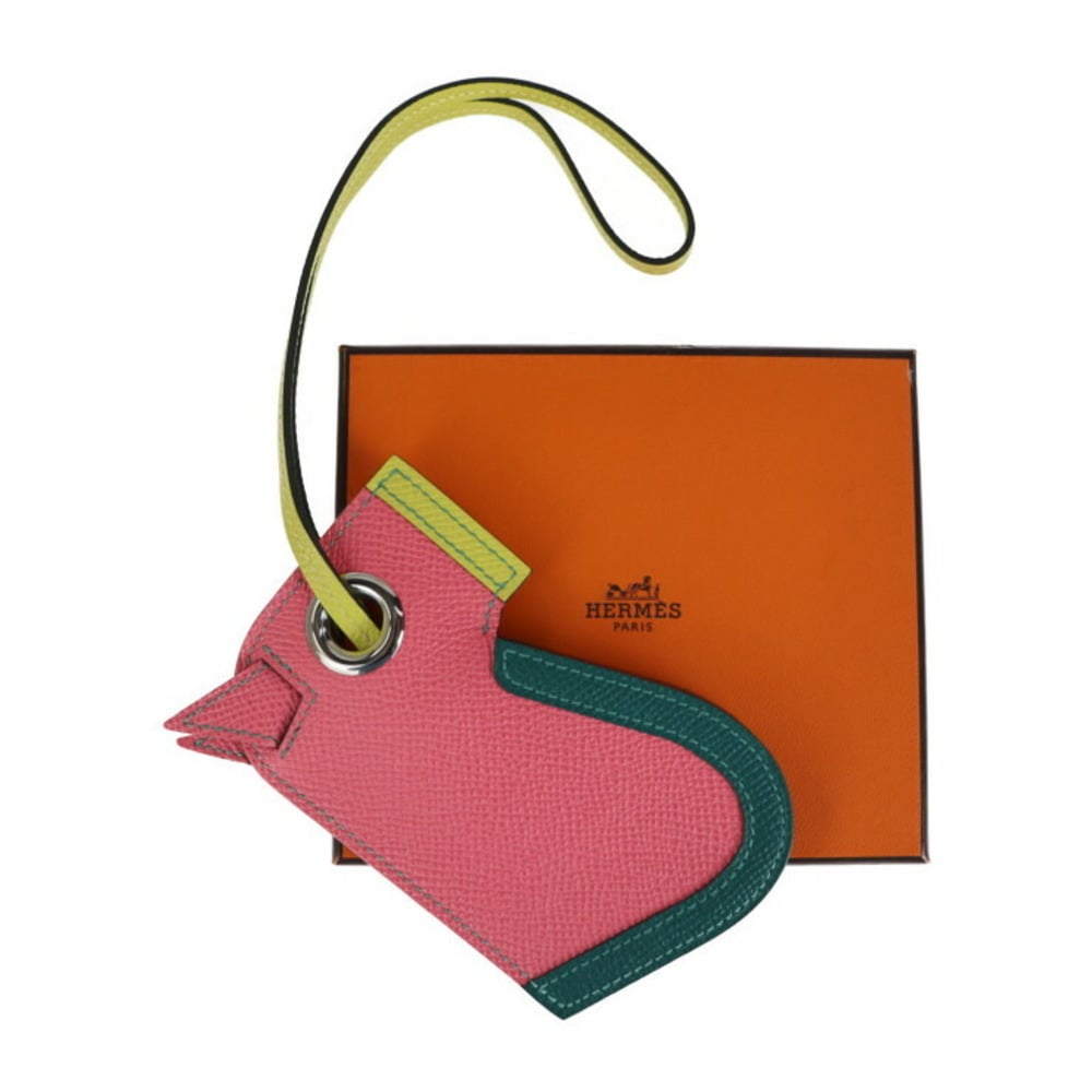 Hermes Rose Azalee/Lime/Malachite Epsom Leather Camail Bag Charm Key Holder  - Yoogi's Closet