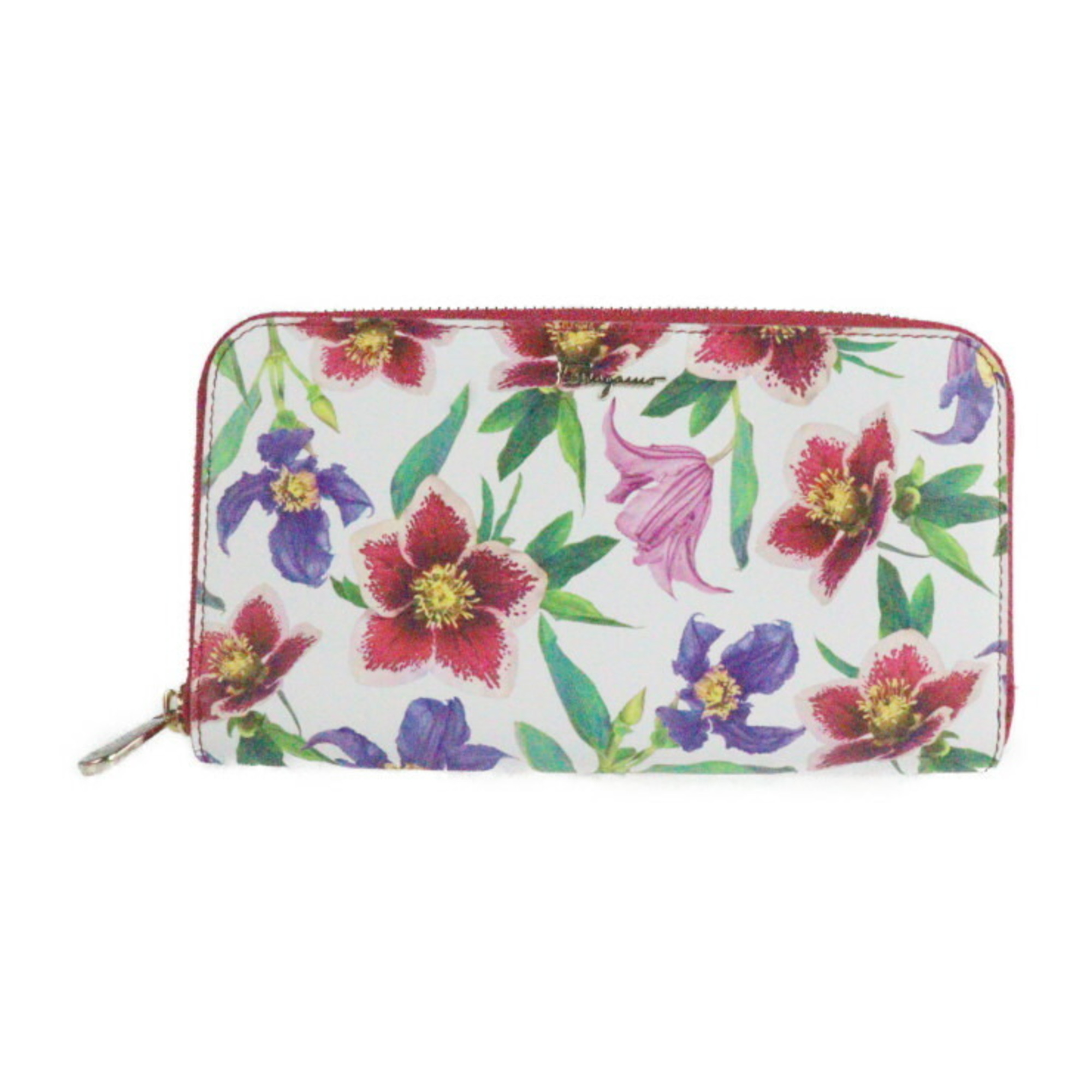 Salvatore Ferragamo long wallet 22 D178 calf leather STBOUQUET WHITE MULTI white system multicolor flower print round fastener zip around