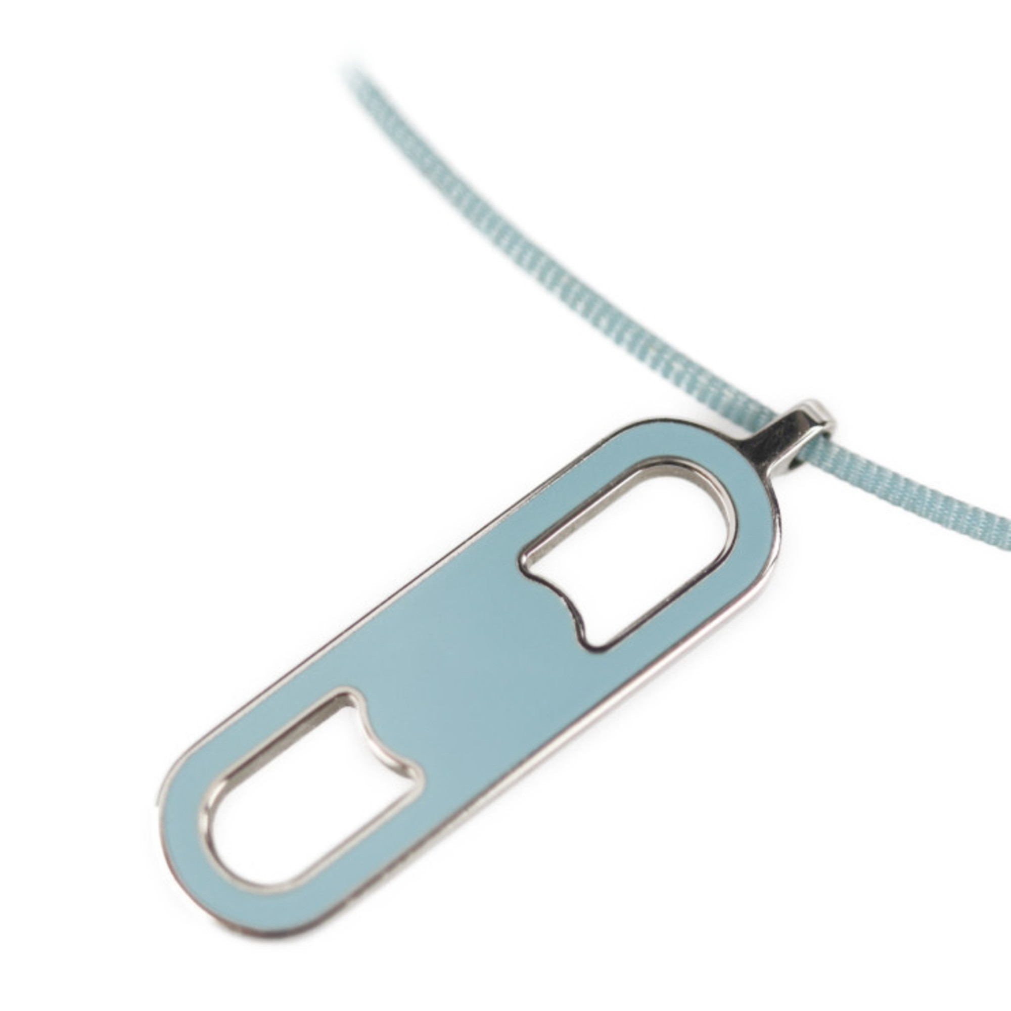 HERMES Hermes Necklace Metal Lacquer Silver Light Blue Pendant Chène d'Ancle Maillon