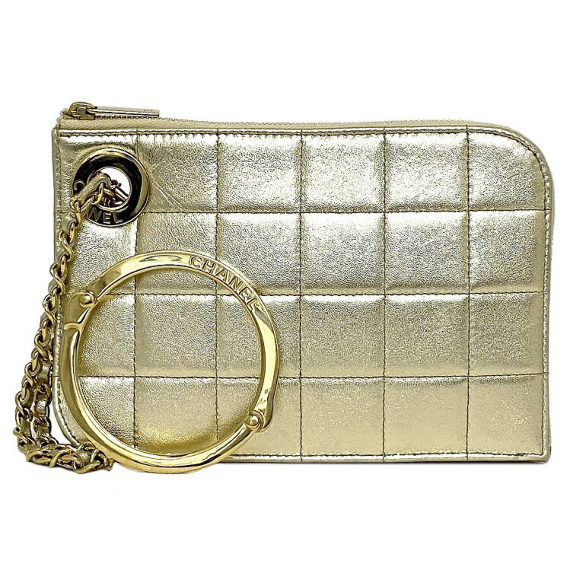 Chanel Clutch Bag Gold Chocolate Bar Leather Lambskin 7th CHANEL Handbag Chain Quilted Ring Women's Lattice