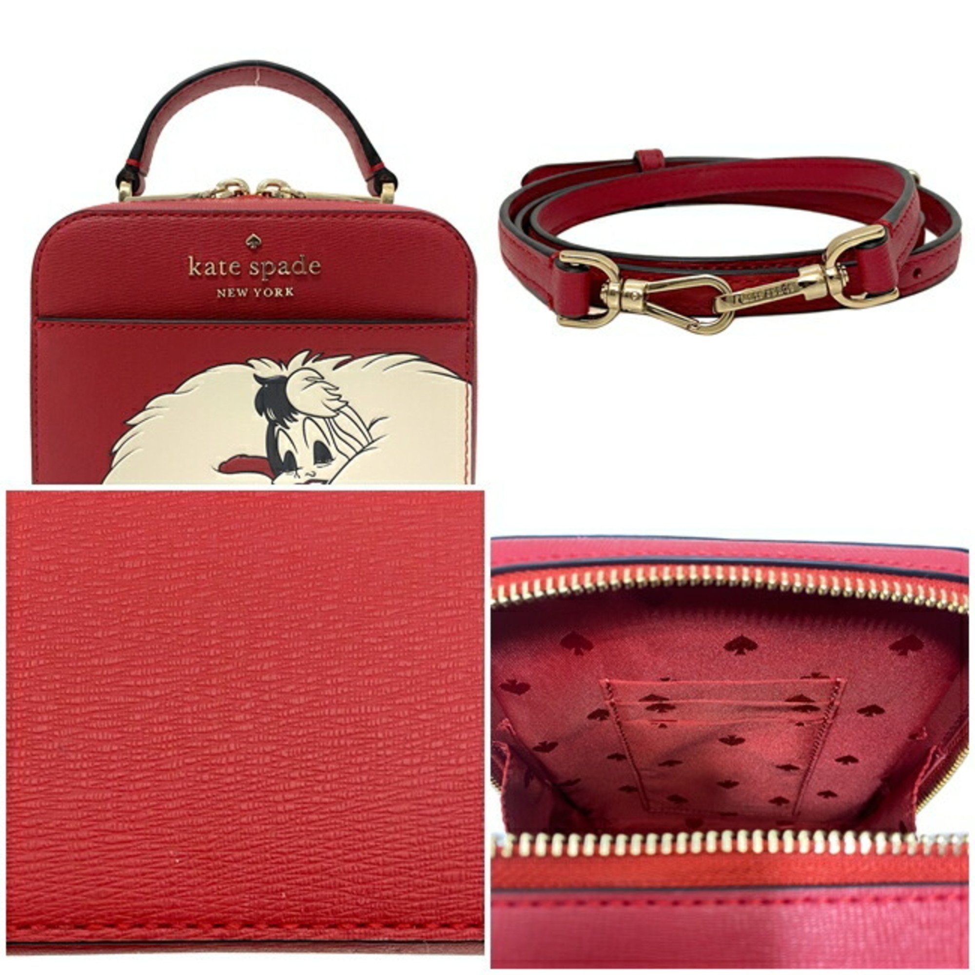 Kate spade 2way bag red white gold Disney K8097 leather kate collaboration Cruella 101 doggy character print shoulder handbag