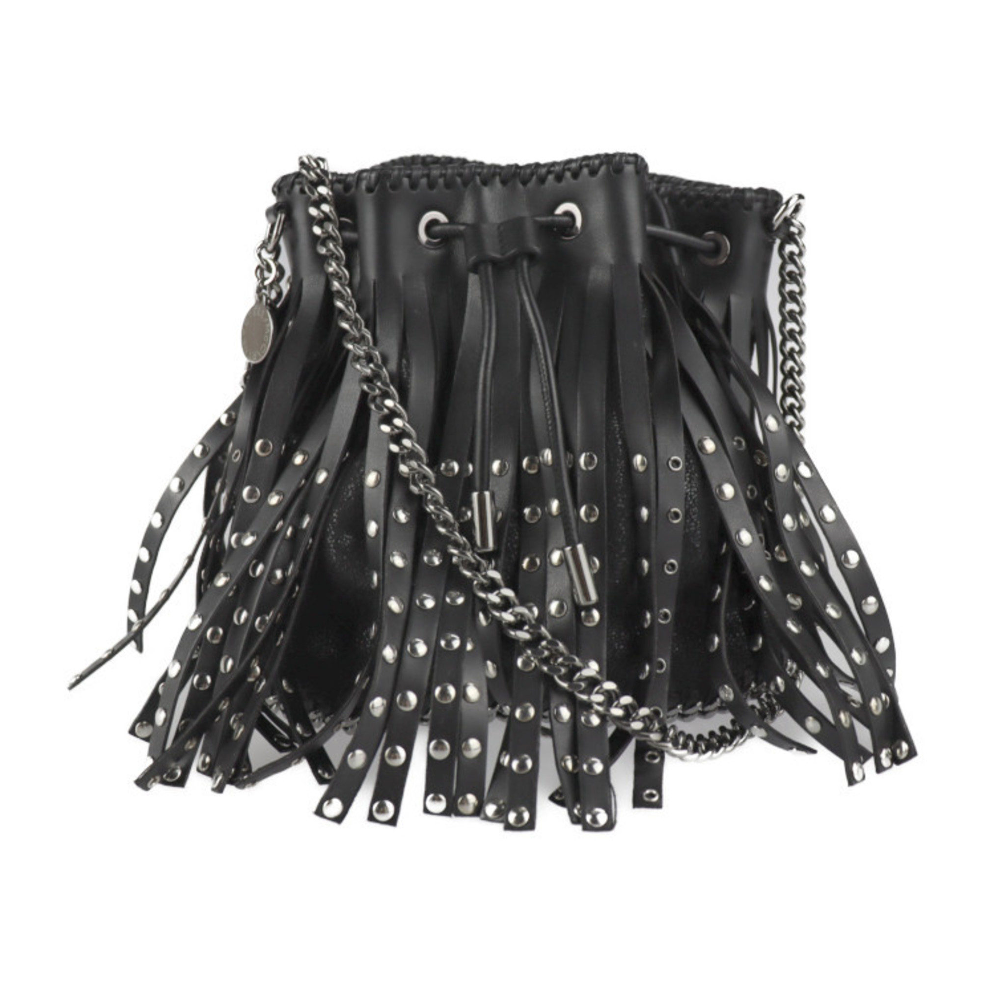 Stella McCartney Falabella Shoulder Bag 410875 Faux Leather Black Silver Hardware Cross Body Small Bucket Chain Studs Fringe Drawstring