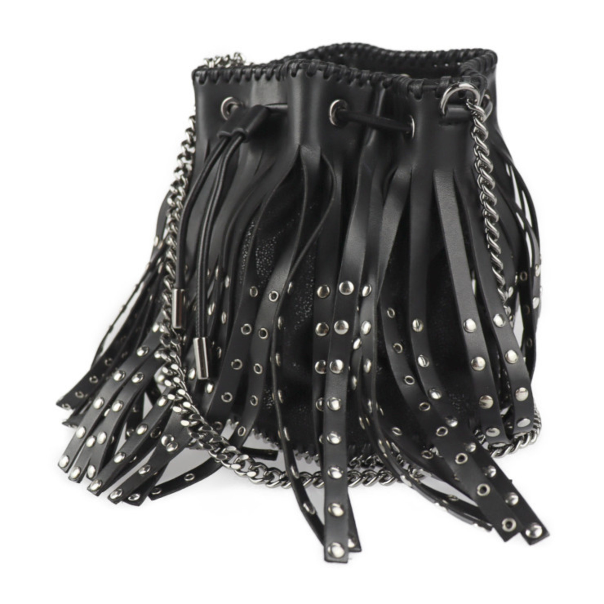 Stella McCartney Falabella Shoulder Bag 410875 Faux Leather Black Silver Hardware Cross Body Small Bucket Chain Studs Fringe Drawstring