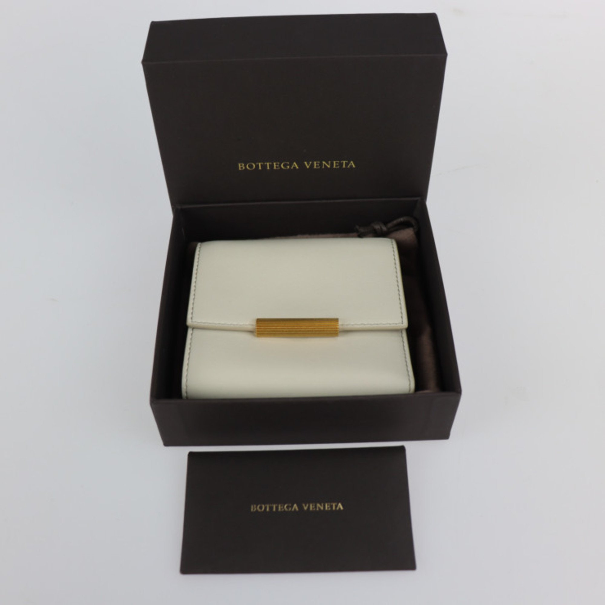 BOTTEGA VENETA Bottega Veneta Trifold Wallet 578752 Calf Leather PLASTER White Series Gold Hardware Compact