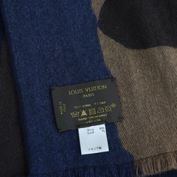 LOUIS VUITTON Louis Vuitton muffler wool 97% silk 7% navy brown logo with fringe