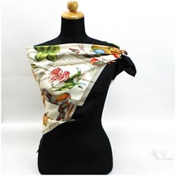 Salvatore Ferragamo silk scarf muffler off-white x black bird/fruit pattern SALVATORE FERRAGAMO ladies