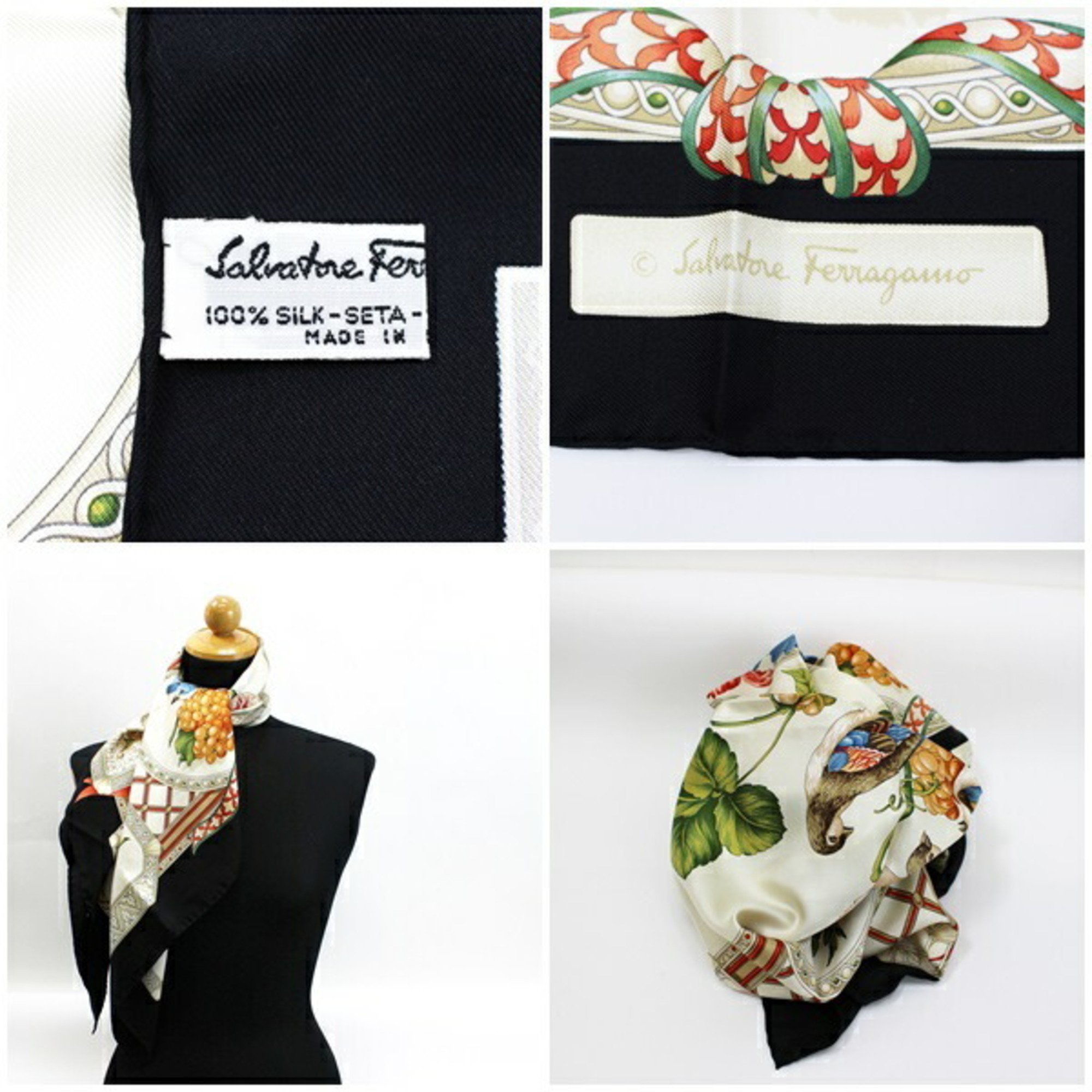 Salvatore Ferragamo silk scarf muffler off-white x black bird/fruit pattern SALVATORE FERRAGAMO ladies