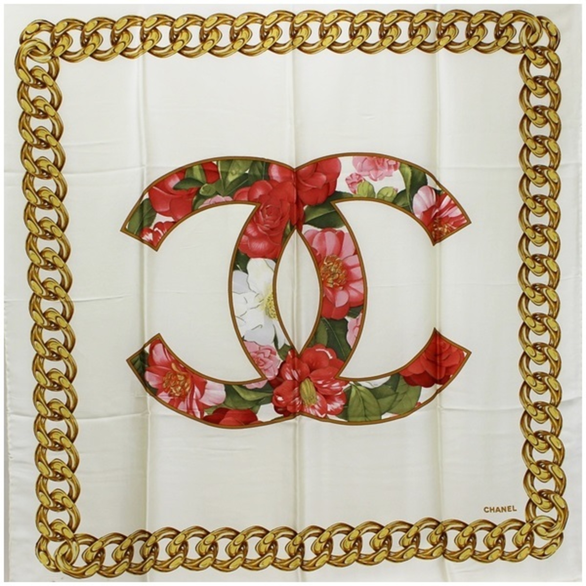 Chanel Silk Scarf Muffler Coco Mark Camellia Chain Pattern Ivory CHANEL Ladies