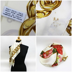 Chanel Silk Scarf Muffler Coco Mark Camellia Chain Pattern Ivory CHANEL Ladies