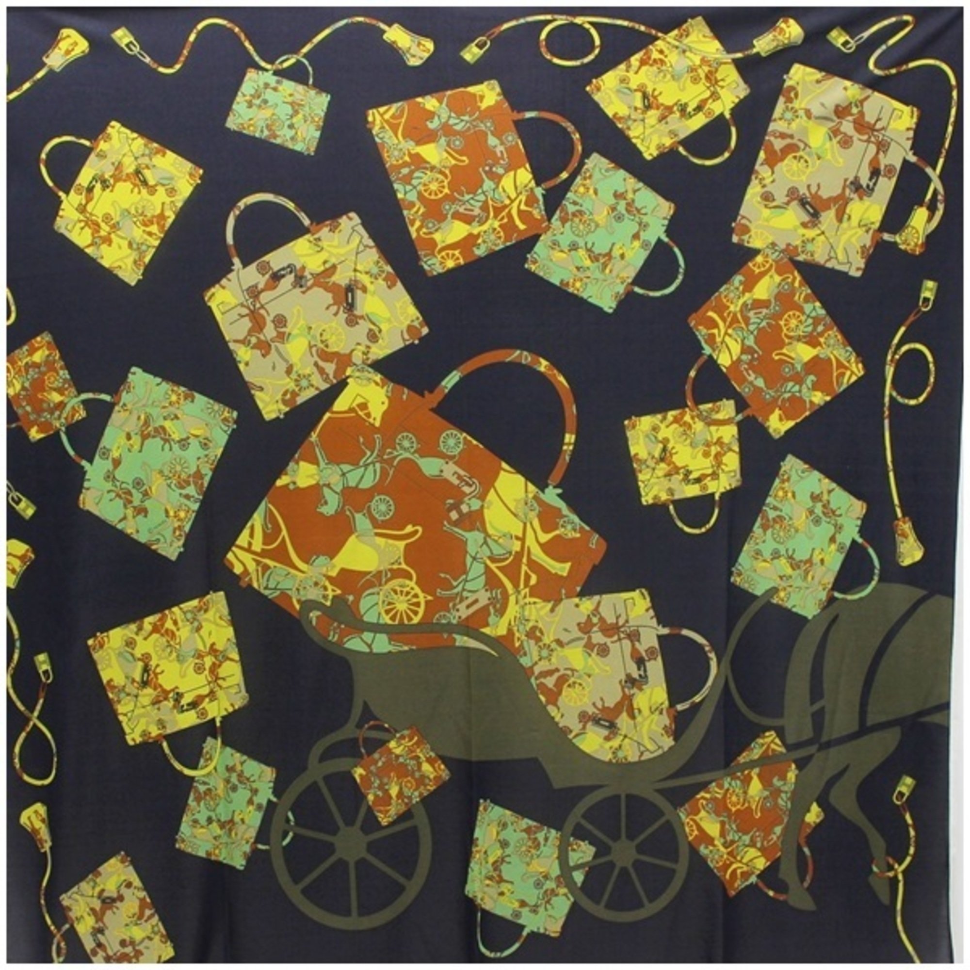 Hermes Silk Scarf Muffler Carre 90 "kelly en Caleche" Kelly's Carriage Black HERMES Women's