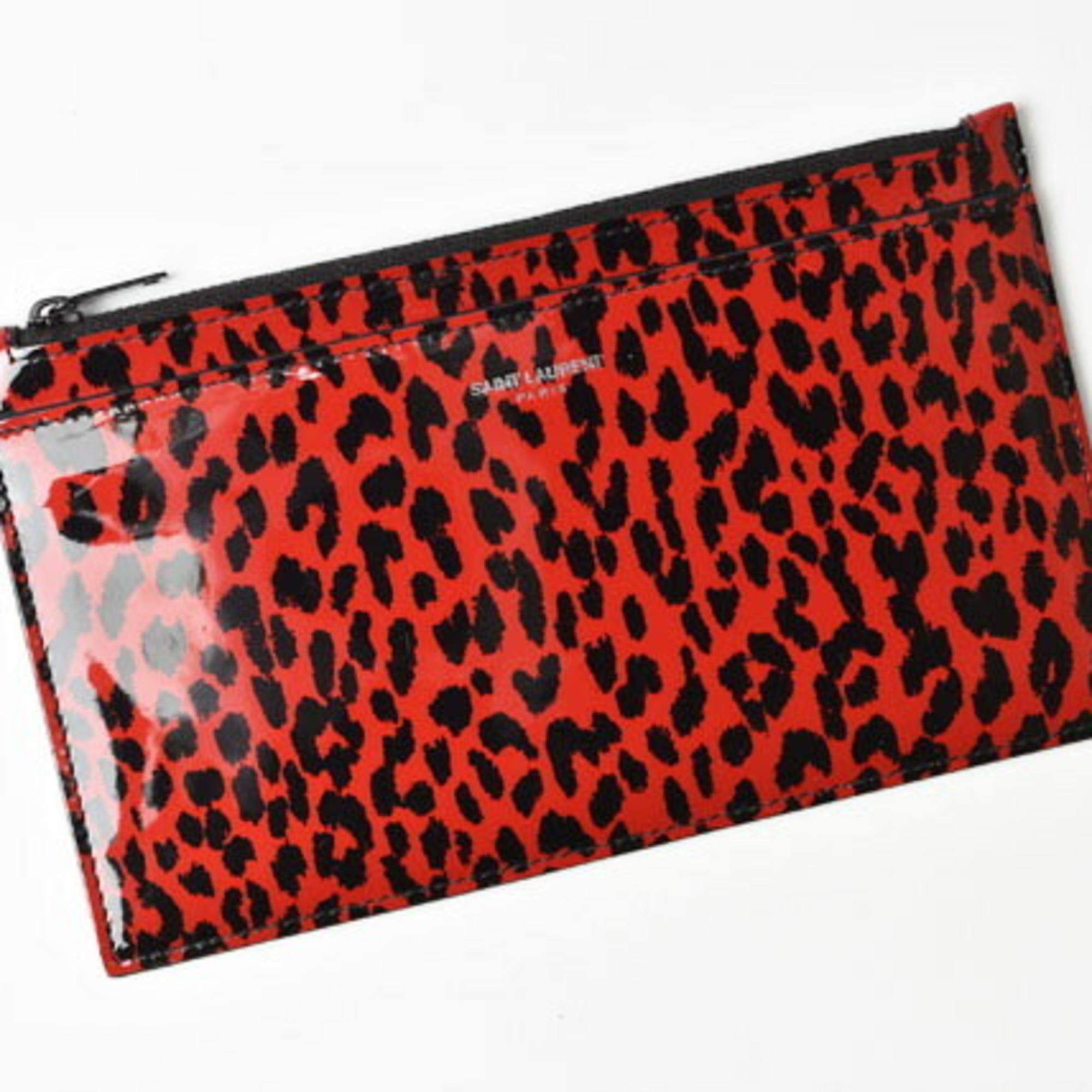 Saint Laurent Paris flap pouch clutch bag SAINT LAURENT baby cat leopard pattern zip rouge black