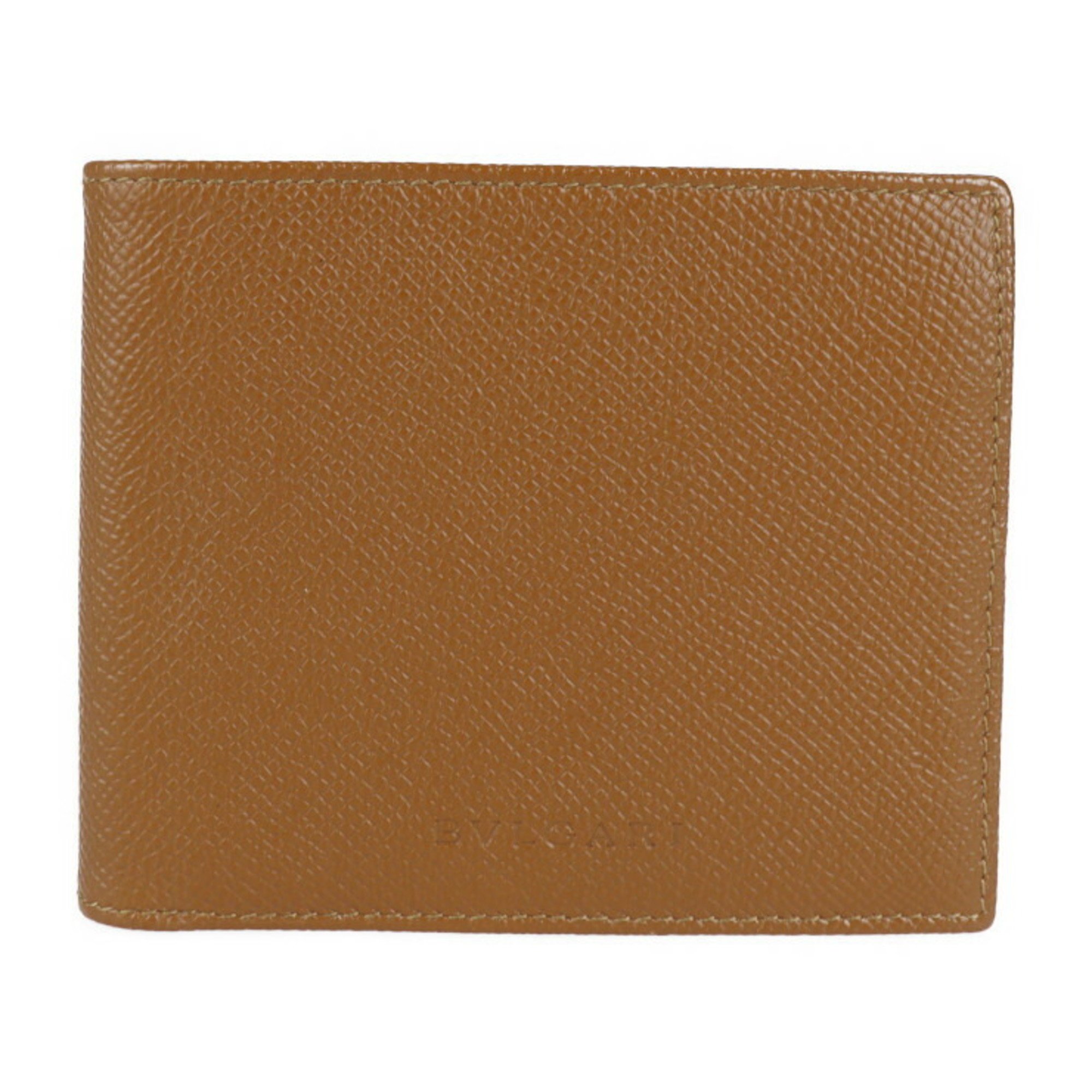 BVLGARI Bvlgari Classico Bifold Wallet 22309 Leather Camel Brown Billfold Credit Card Holder Embossed Grain Calf