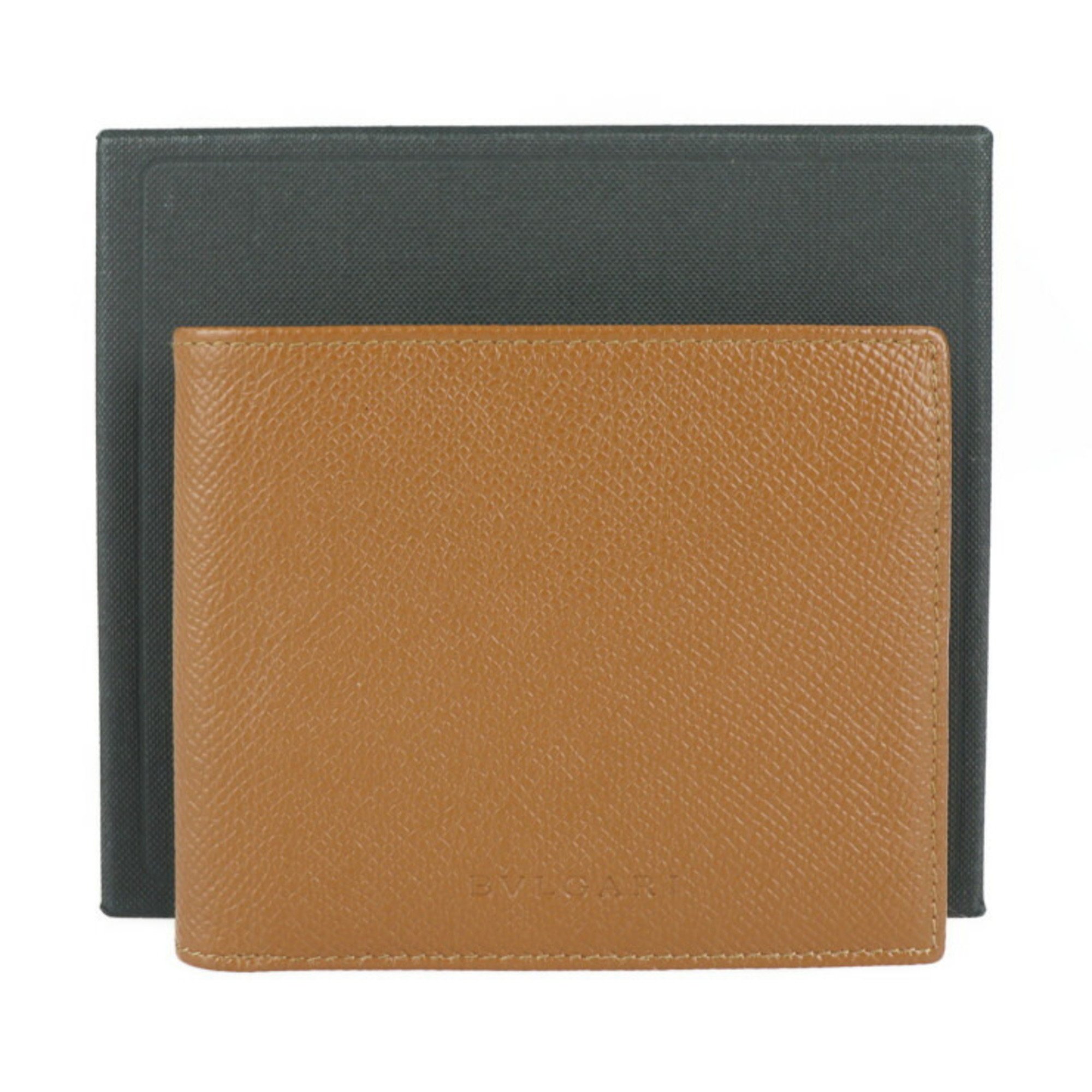 BVLGARI Bvlgari Classico Bifold Wallet 22309 Leather Camel Brown Billfold Credit Card Holder Embossed Grain Calf