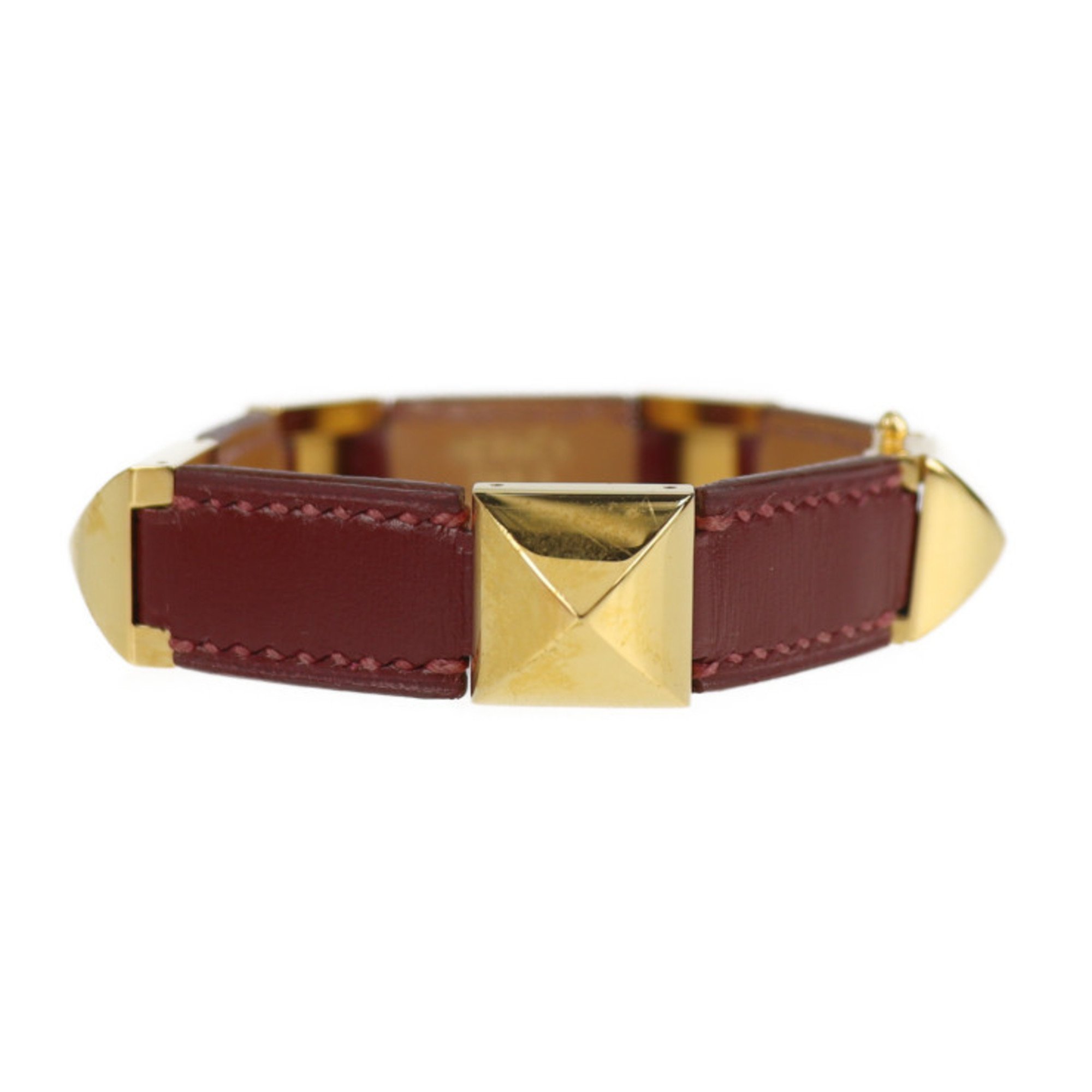 HERMES Hermes Medor Studs Bracelet Leather Red Gold 〇V Engraved Metal Fittings Vintage