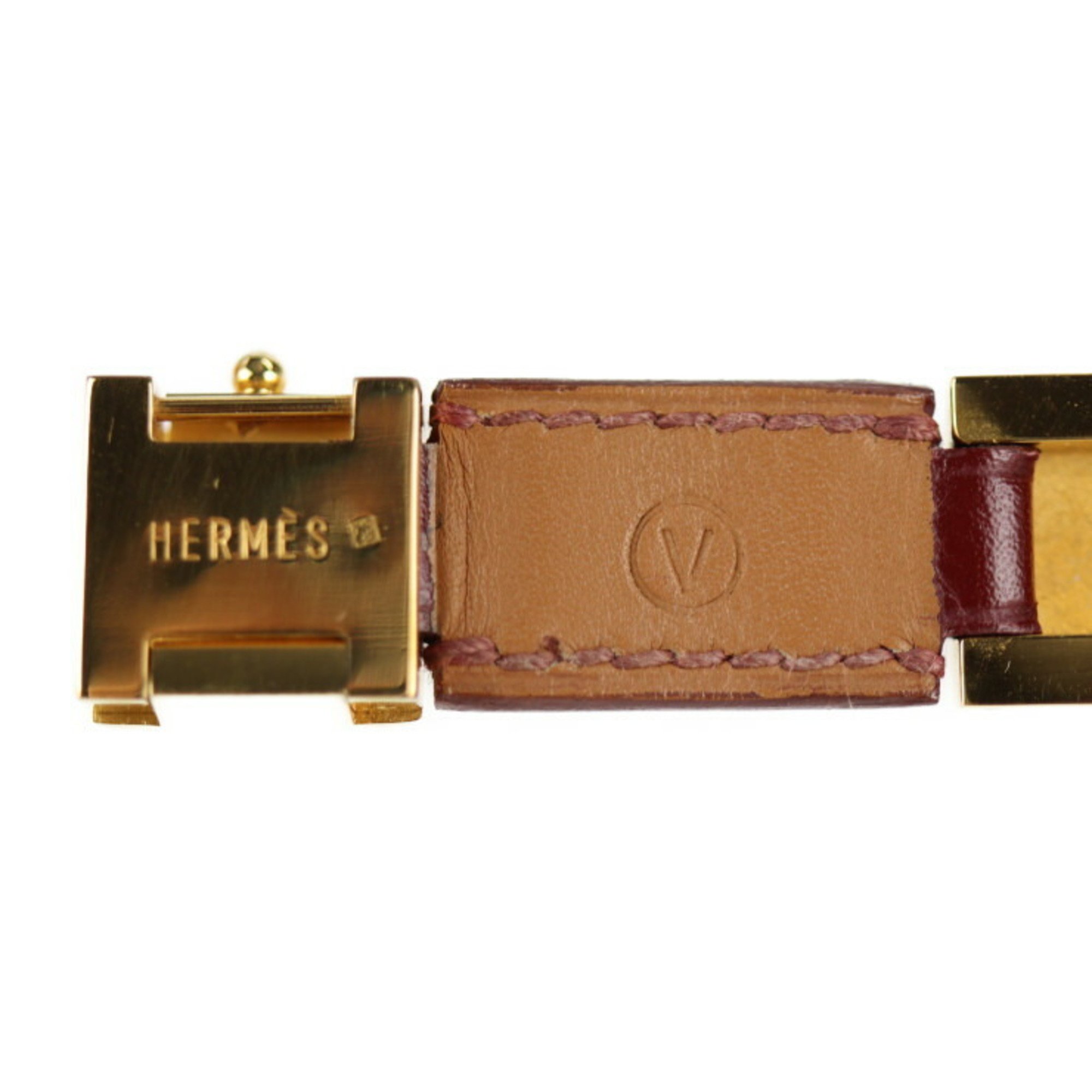 HERMES Hermes Medor Studs Bracelet Leather Red Gold 〇V Engraved Metal Fittings Vintage