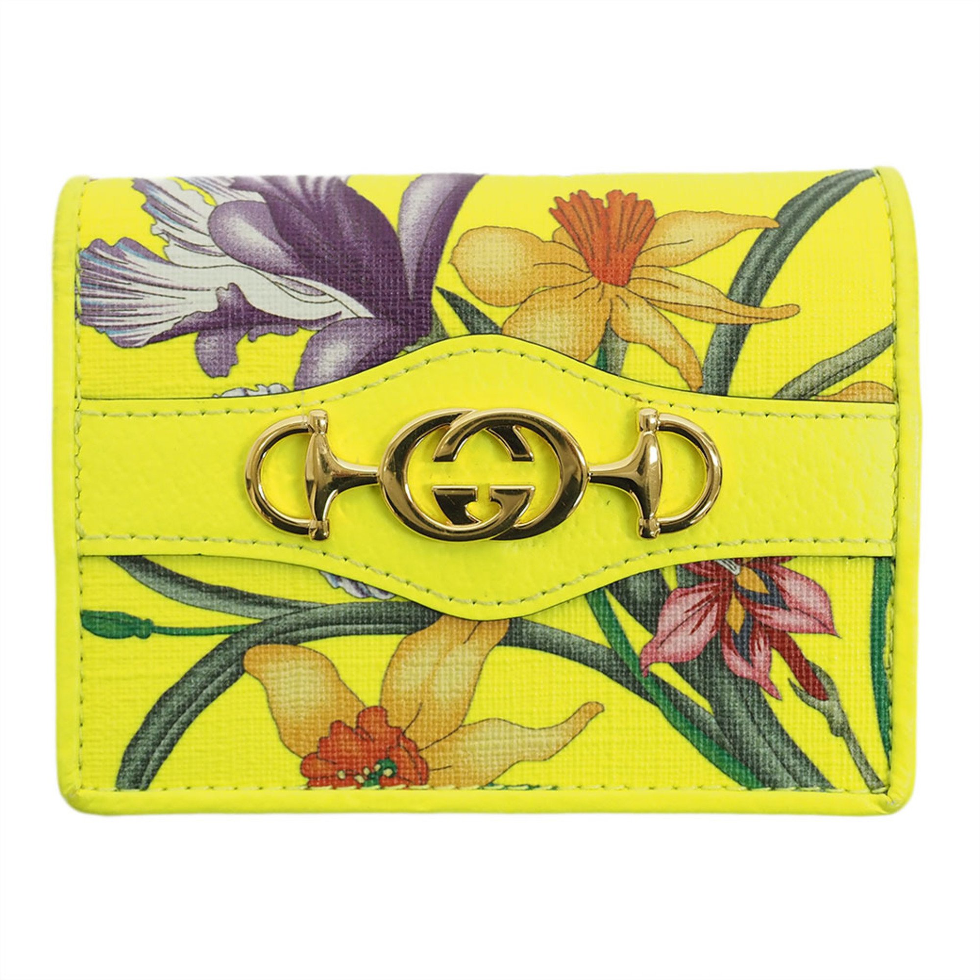 Gucci GUCCI Flora Zumi Compact Neon Yellow 536353 PVCx Leather Women's Bifold Wallet