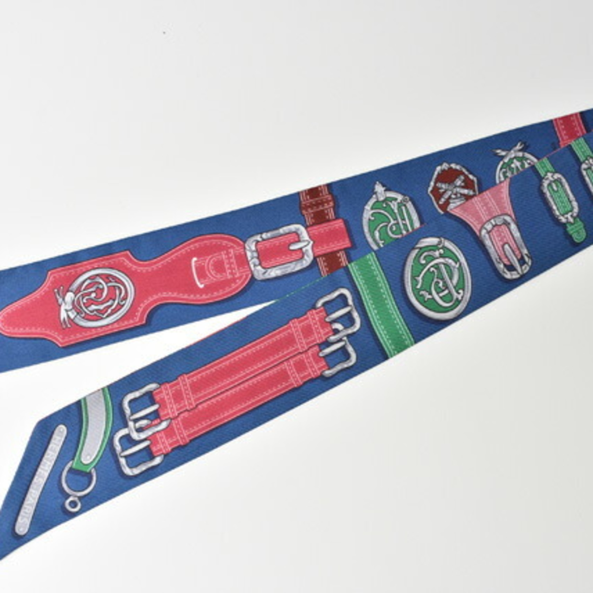 Hermes Twilly Scarf Muffler HERMES Silk Twill Belt Motif Blue Multi