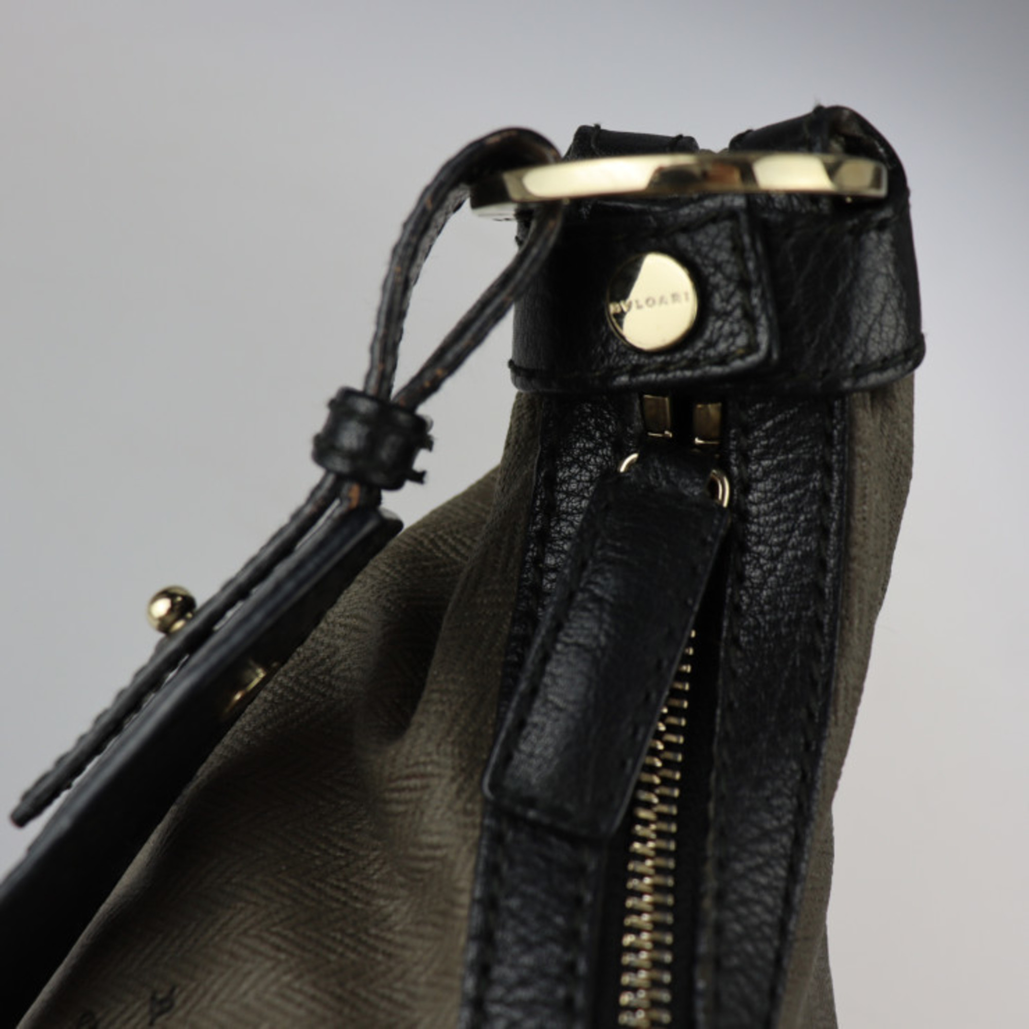 BVLGARI Bulgari Collezione Sotirio Shoulder Bag Coated Canvas Leather Olive Gray Black Gold Hardware One Handbag