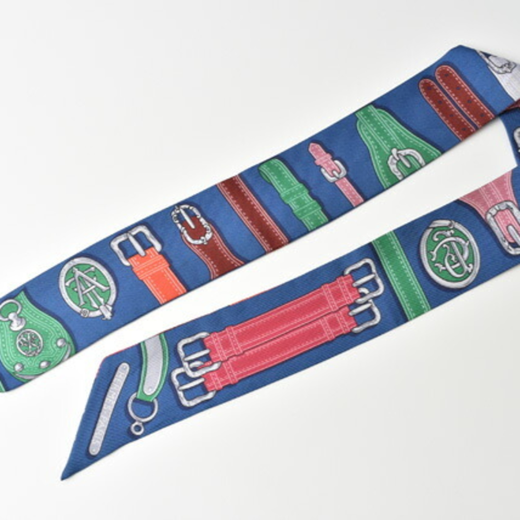 Hermes Twilly Scarf Muffler HERMES Silk Twill Belt Motif Blue Multi