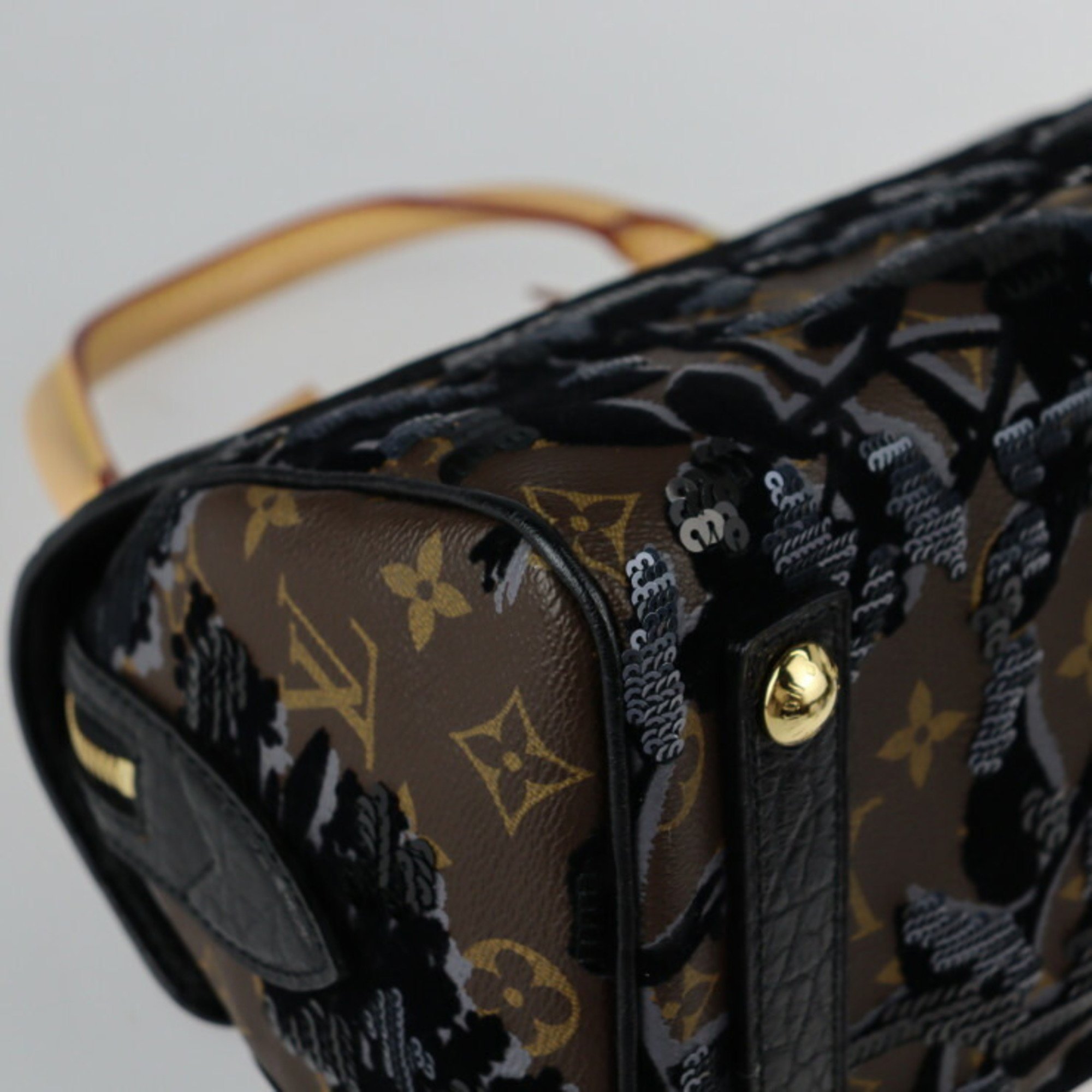 LOUIS VUITTON Louis Vuitton Monogram Fleur Duj Carrousel Handbag M40434 Canvas Brown Black Sequin