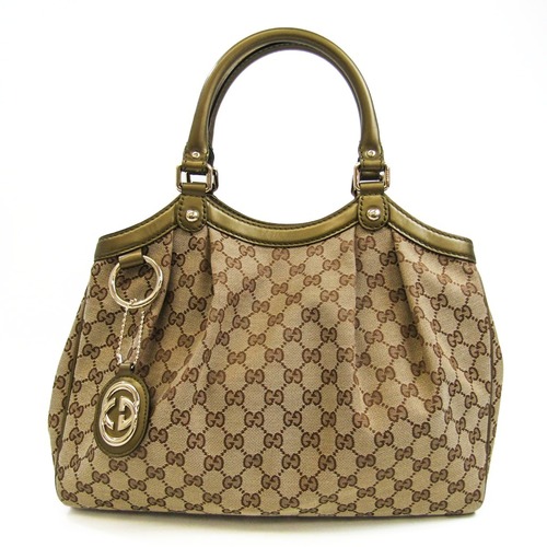 Gucci Sukey 211944 Women's Leather,GG Canvas Handbag Beige,Khaki