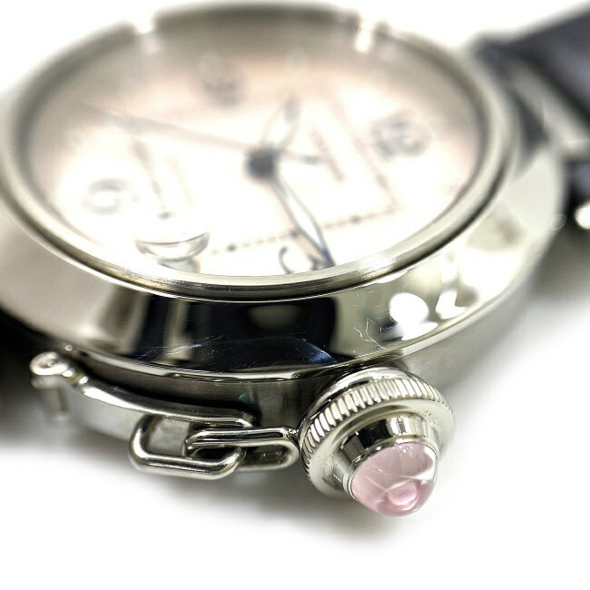 Cartier watch Pasha gray silver pink shell 2324 ladies leather SS automatic overhauled 35mm winding round crown cap