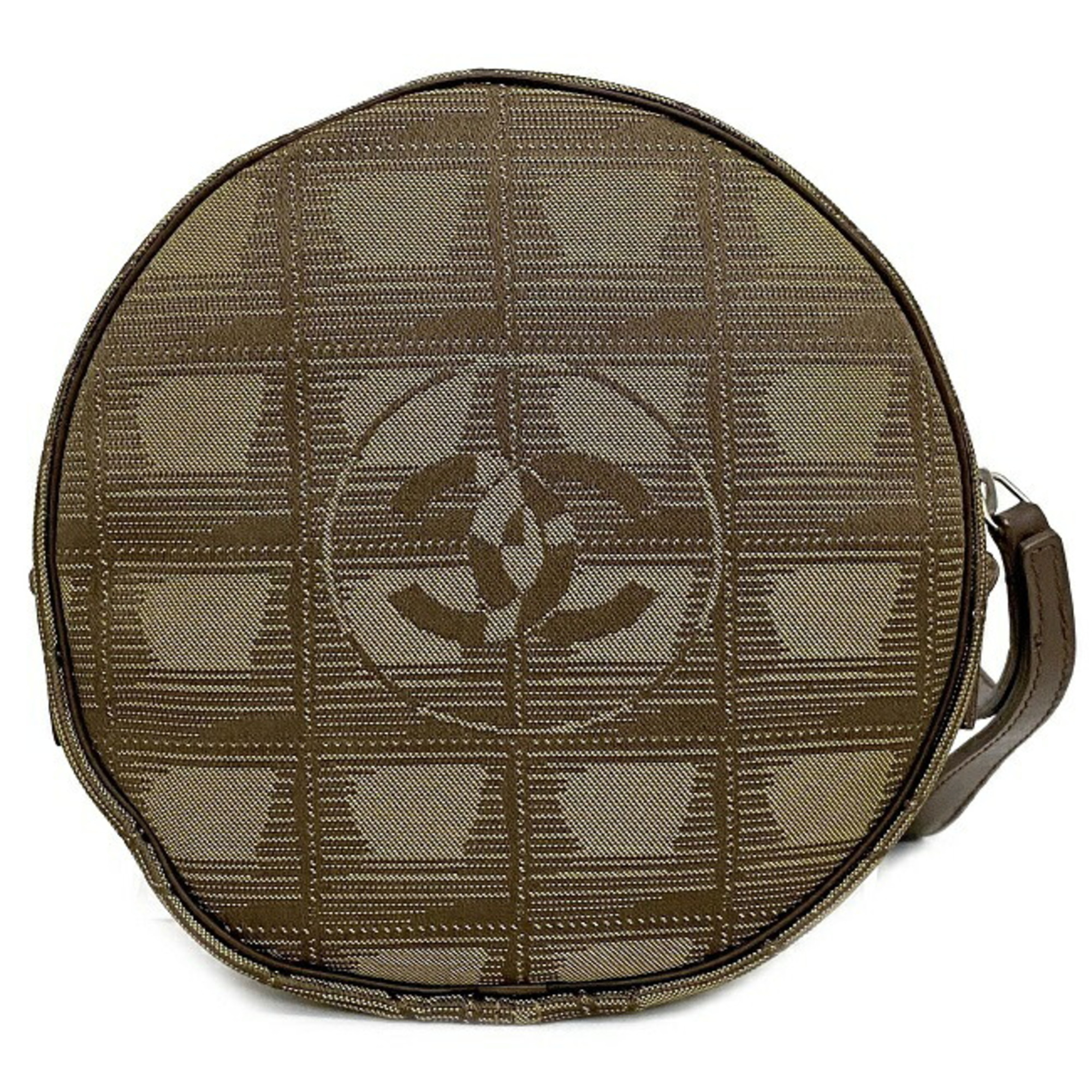 Chanel Pouch Khaki Green New Nylon Leather 7th CHANEL Round Nutra Coco Mark Strap Women's