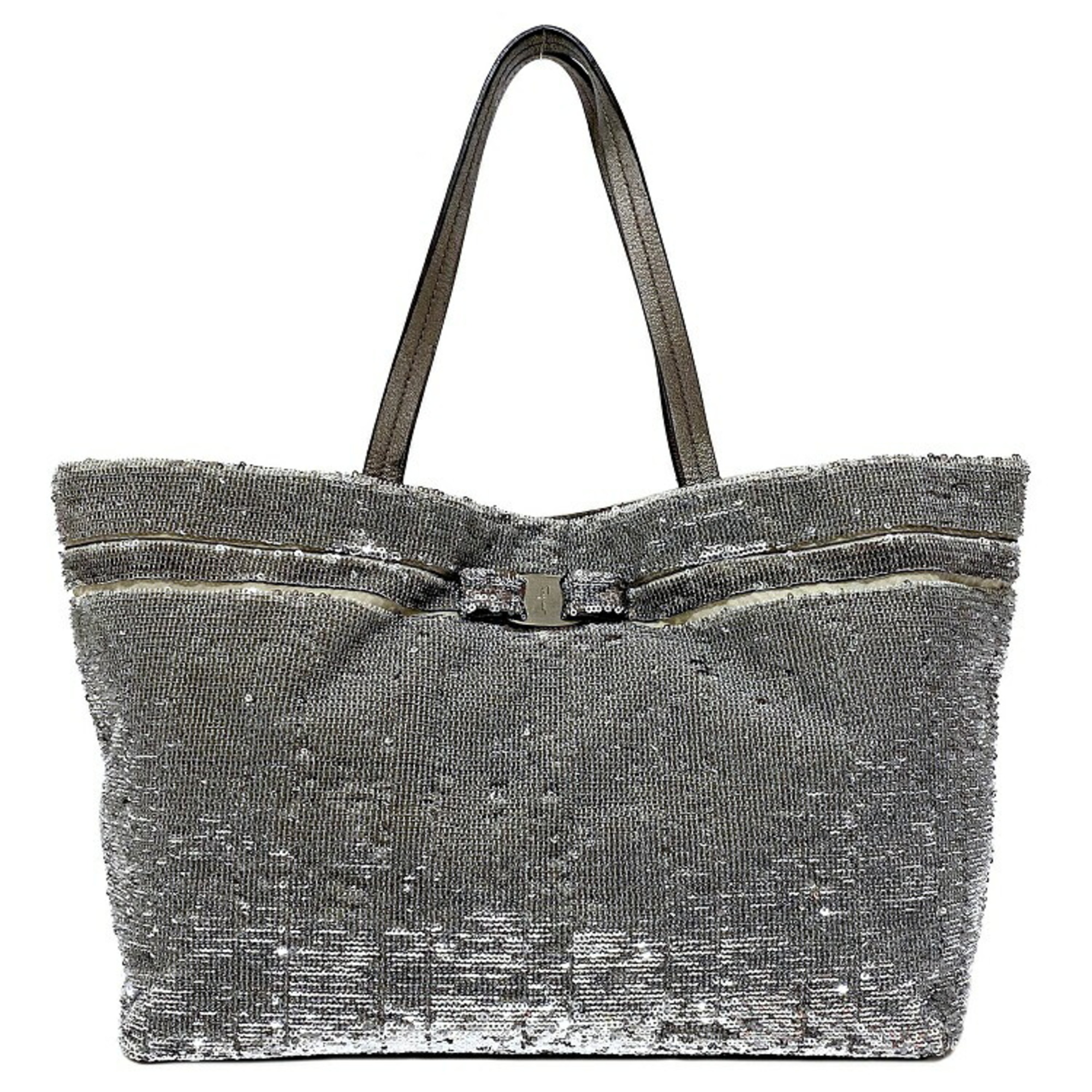 Salvatore Ferragamo Tote Bag Silver Gold Gray Vala GG-21B645 Canvas Leather Sequin Ribbon Lame Hologram A4 Ladies