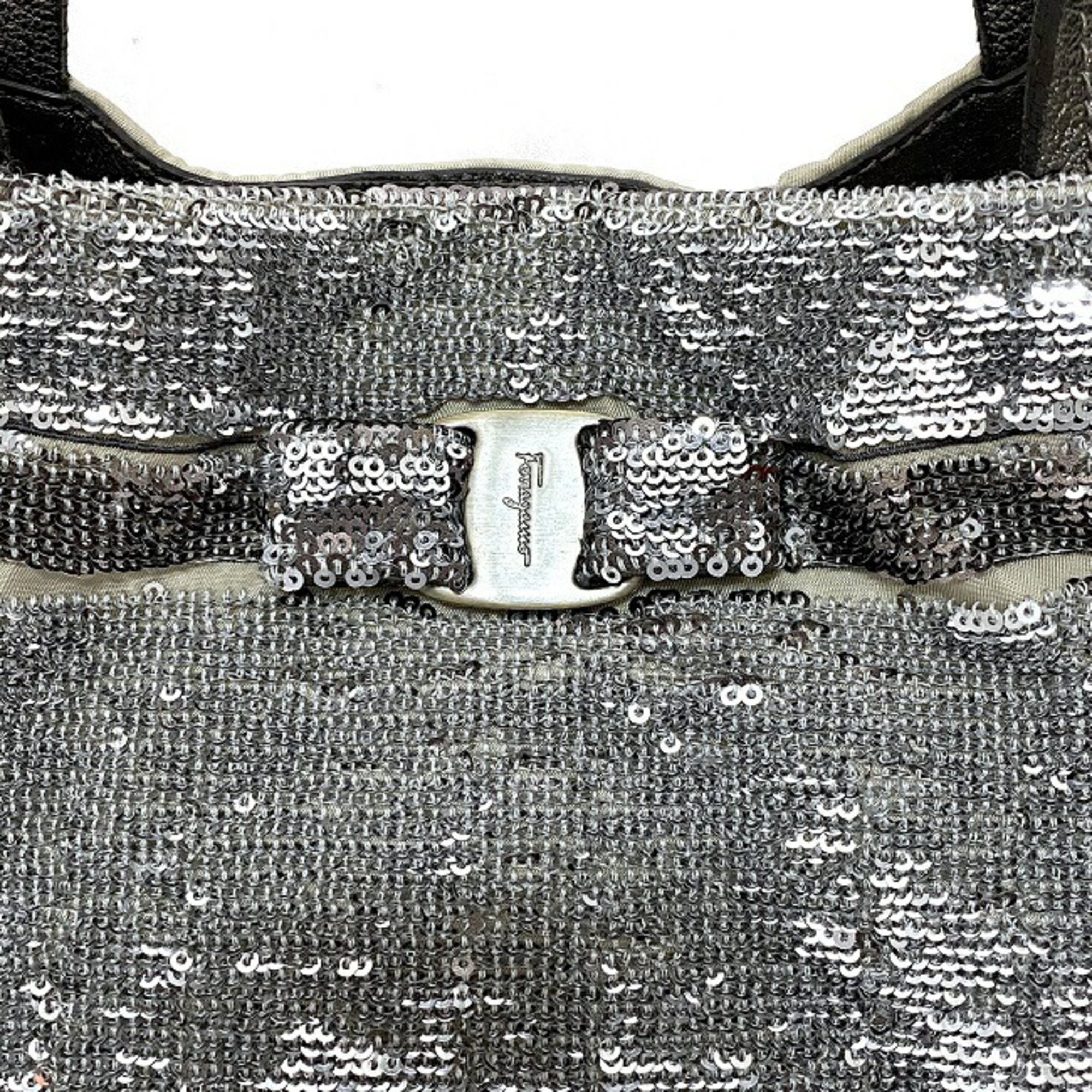 Salvatore Ferragamo Tote Bag Silver Gold Gray Vala GG-21B645 Canvas Leather Sequin Ribbon Lame Hologram A4 Ladies