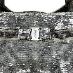 Salvatore Ferragamo Tote Bag Silver Gold Gray Vala GG-21B645 Canvas Leather Sequin Ribbon Lame Hologram A4 Ladies