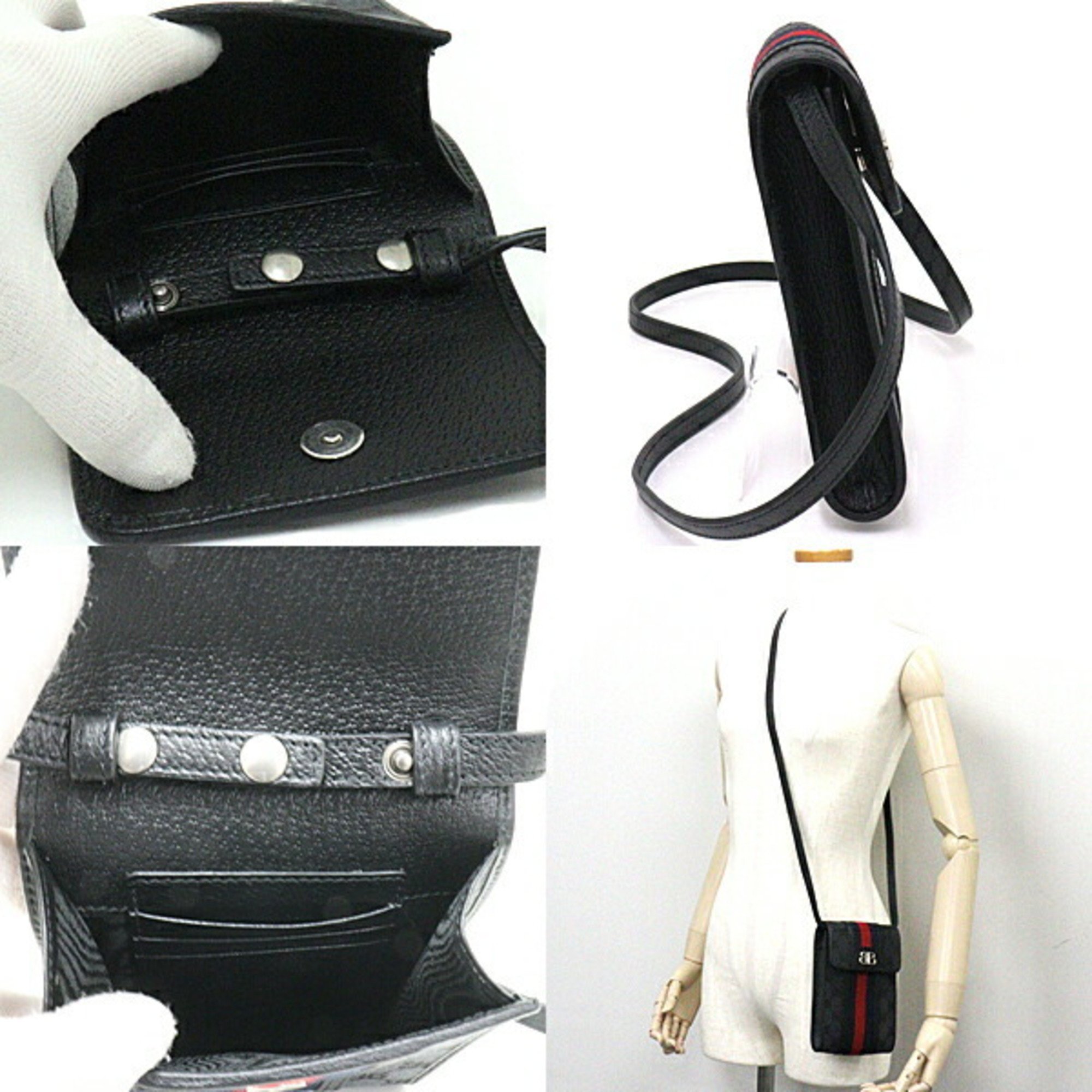 BALENCIAGA GUCCI Balenciaga x Gucci Collaboration The Hacker Project Phone Bag Shoulder Canvas Leather 680130 Black Navy Red