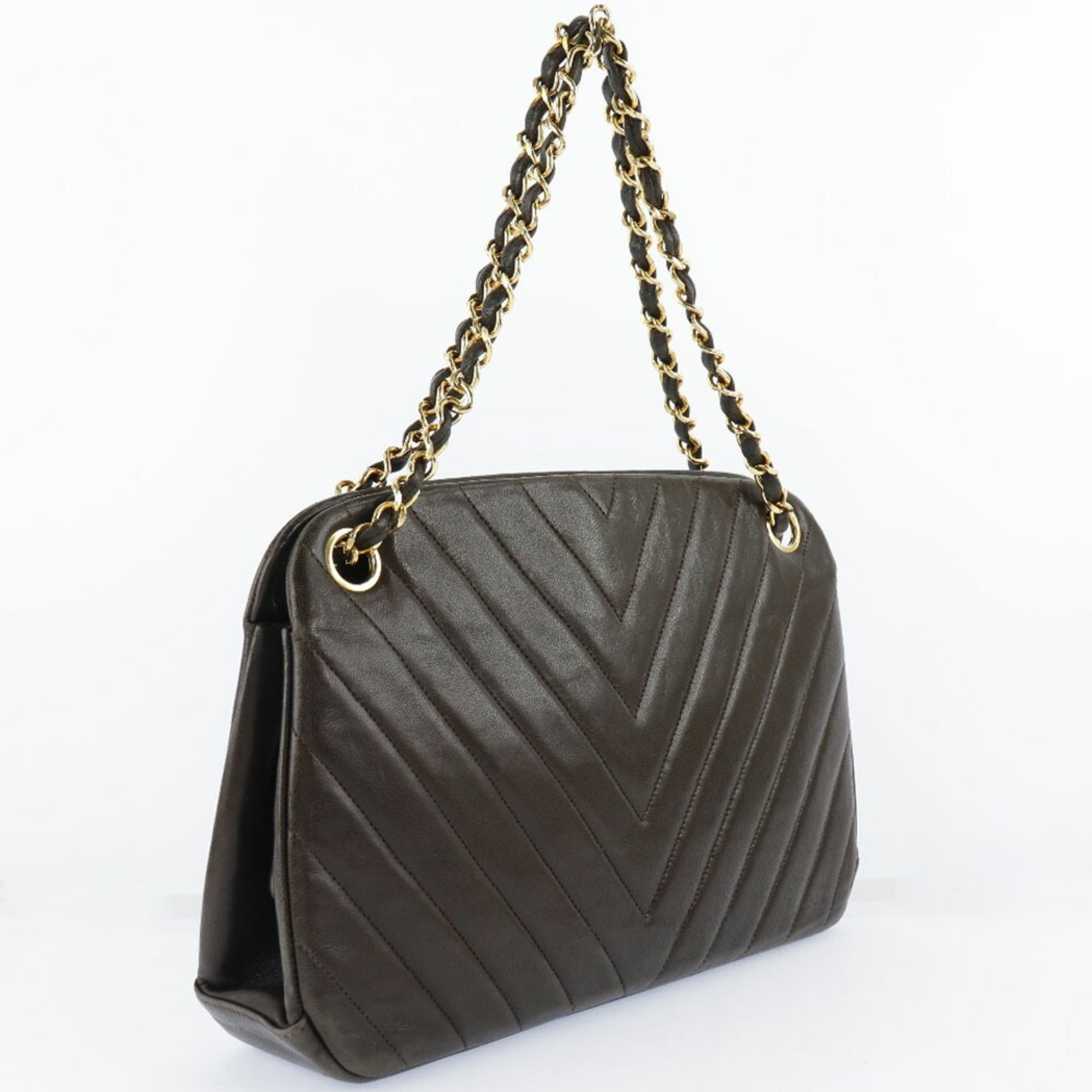 Chanel V Stitch Chevron Vintage Lambskin Brown Ladies Handbag