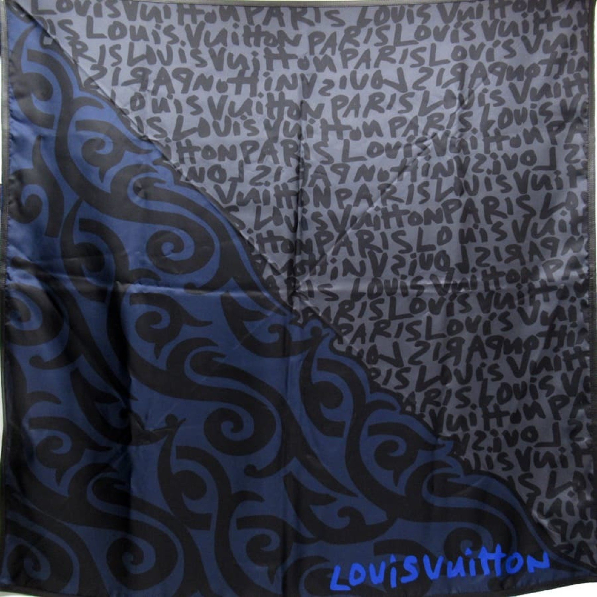 Louis Vuitton Scarf Graffiti Black x Blue 100% Silk Leather MP1345