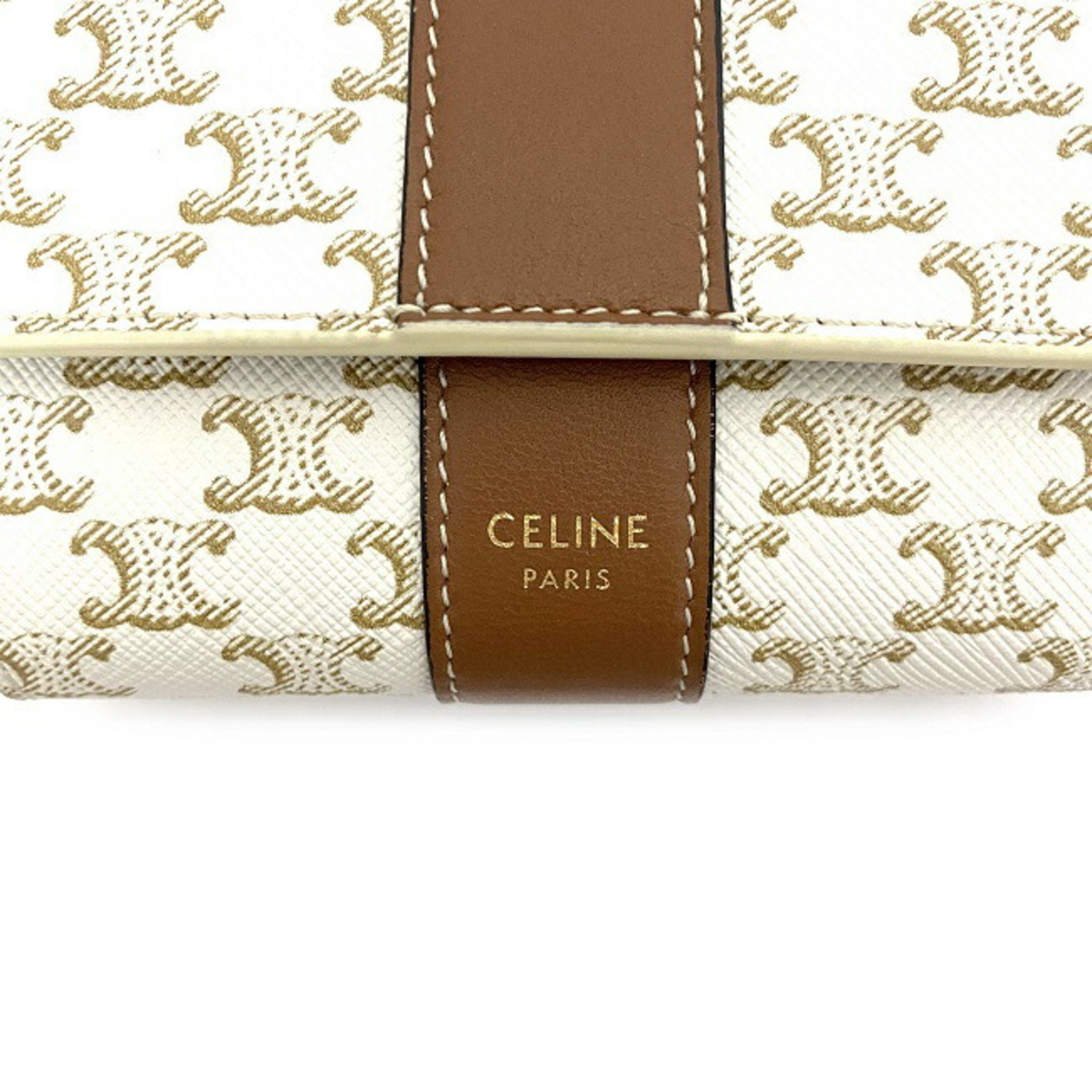 Celine Trifold Wallet White Brown Triomphe 10D57 2BZ9 01TA PVC Leather CELINE Macadam Women's Lamb