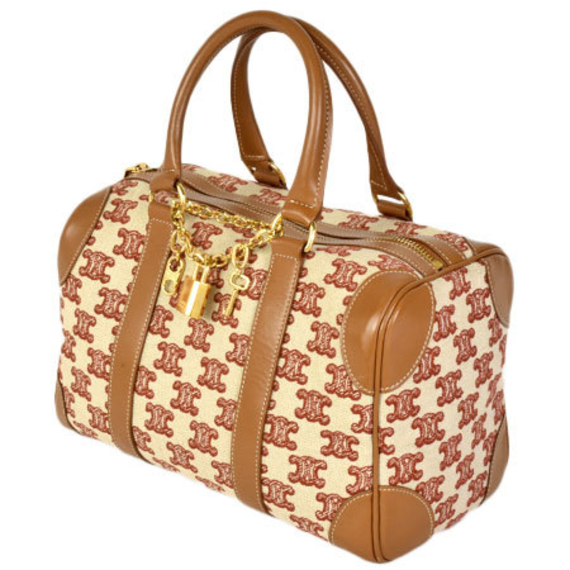 Celine CELINE Small Boston Bag Handbag Brown x Red Triomphe Canvas Calfskin 193652CS8