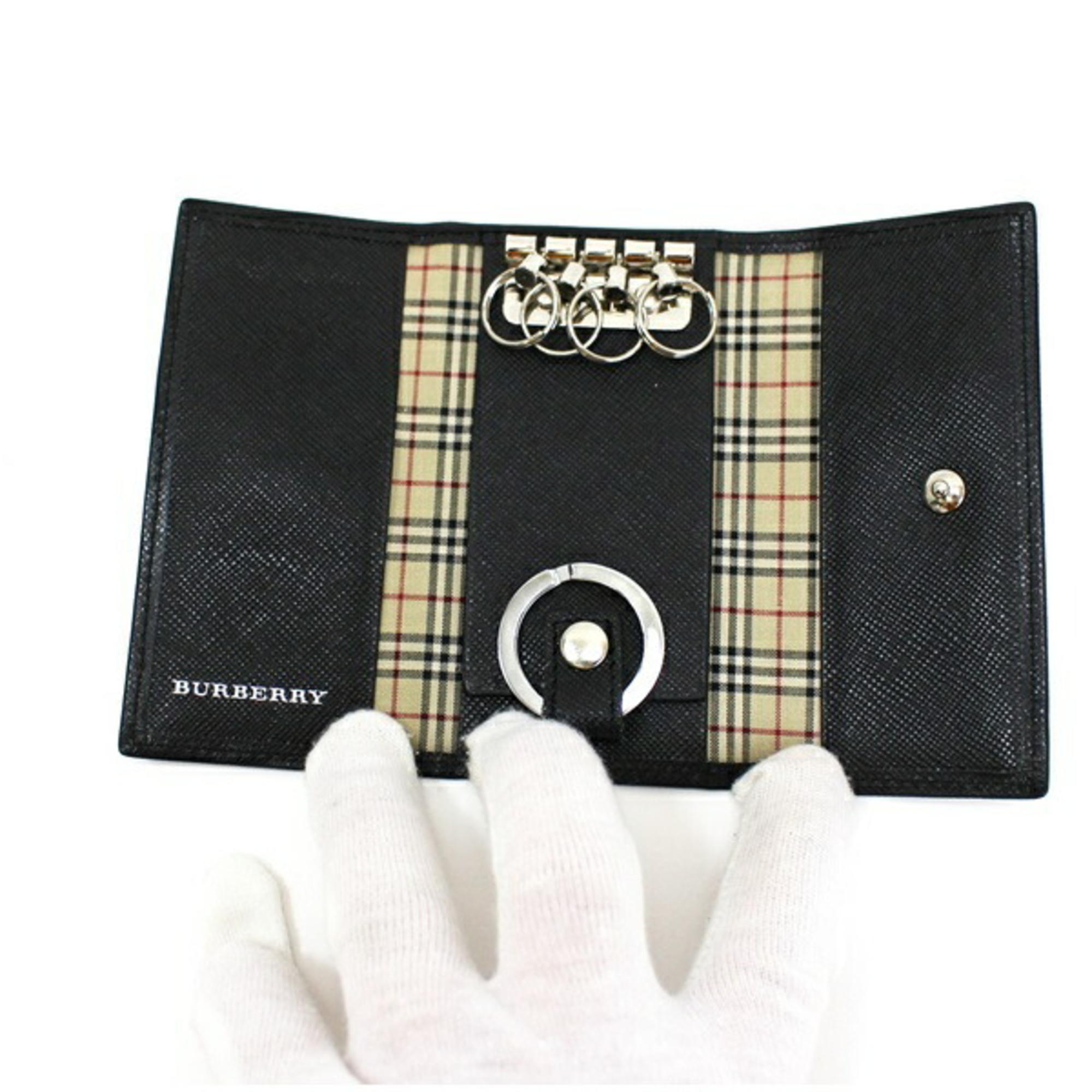 Burberry 4 row key case black embossed leather BURBERRY