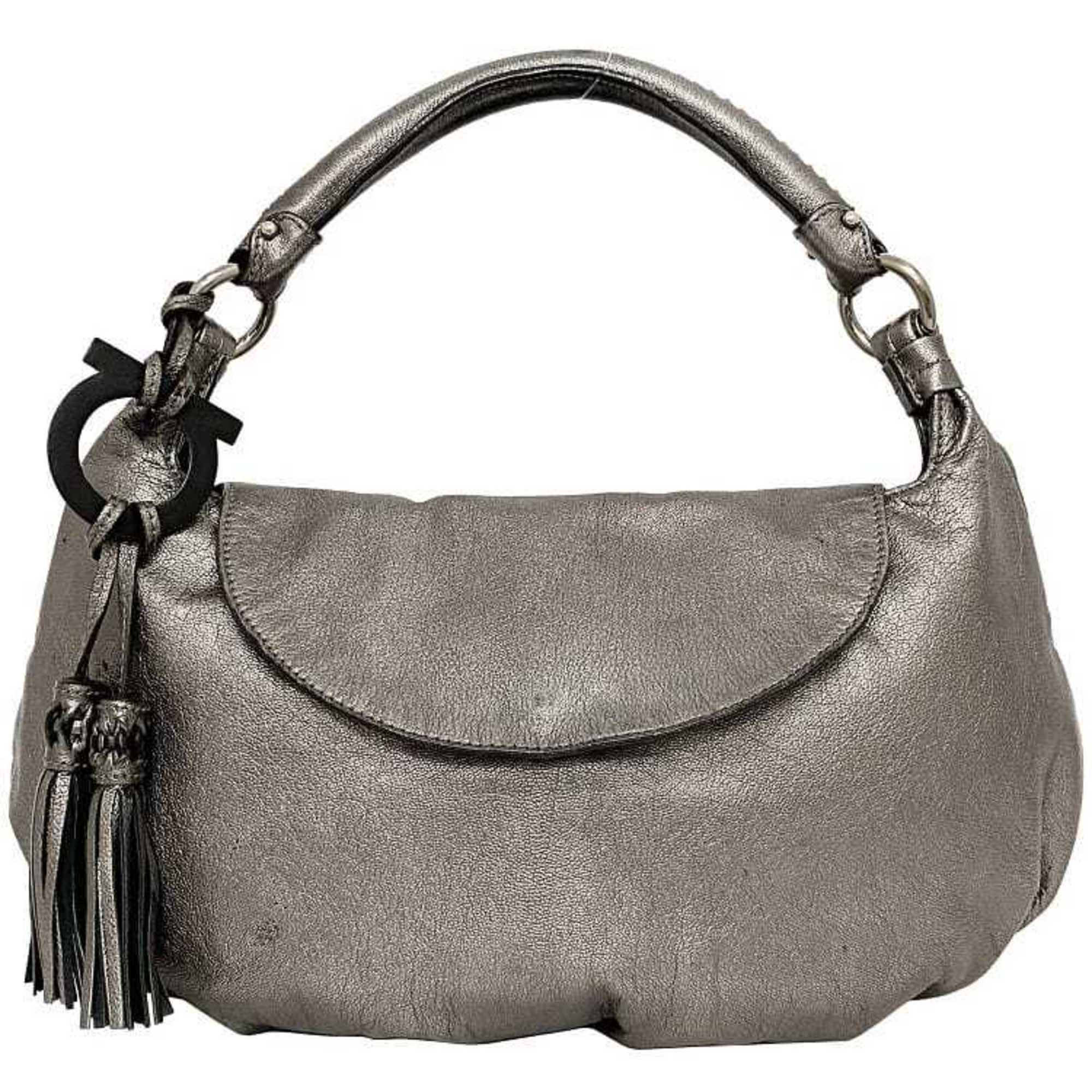 Salvatore Ferragamo Bag Silver Gancini FJ21C 450 Leather Tassel Flap Charm