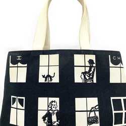 CHANEL  BLACK CANVAS AND WHITE LOGO PRINT TOTE BAG