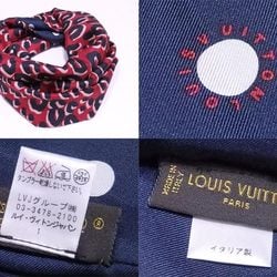 Auth Louis Vuitton Leopard Snood X Scarf 100% Silk Indigo Blue Red