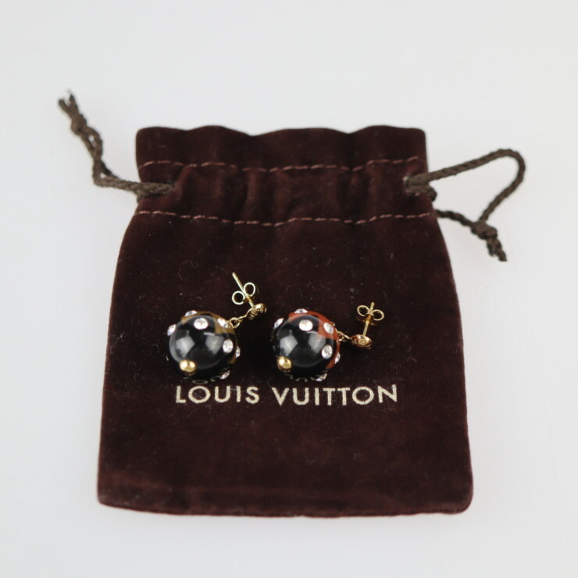 LOUIS VUITTON Louis Vuitton Book de Reil Magnetic Earrings M66397 Resin Rhinestone Black Khaki Brick Color Gold Hardware Round