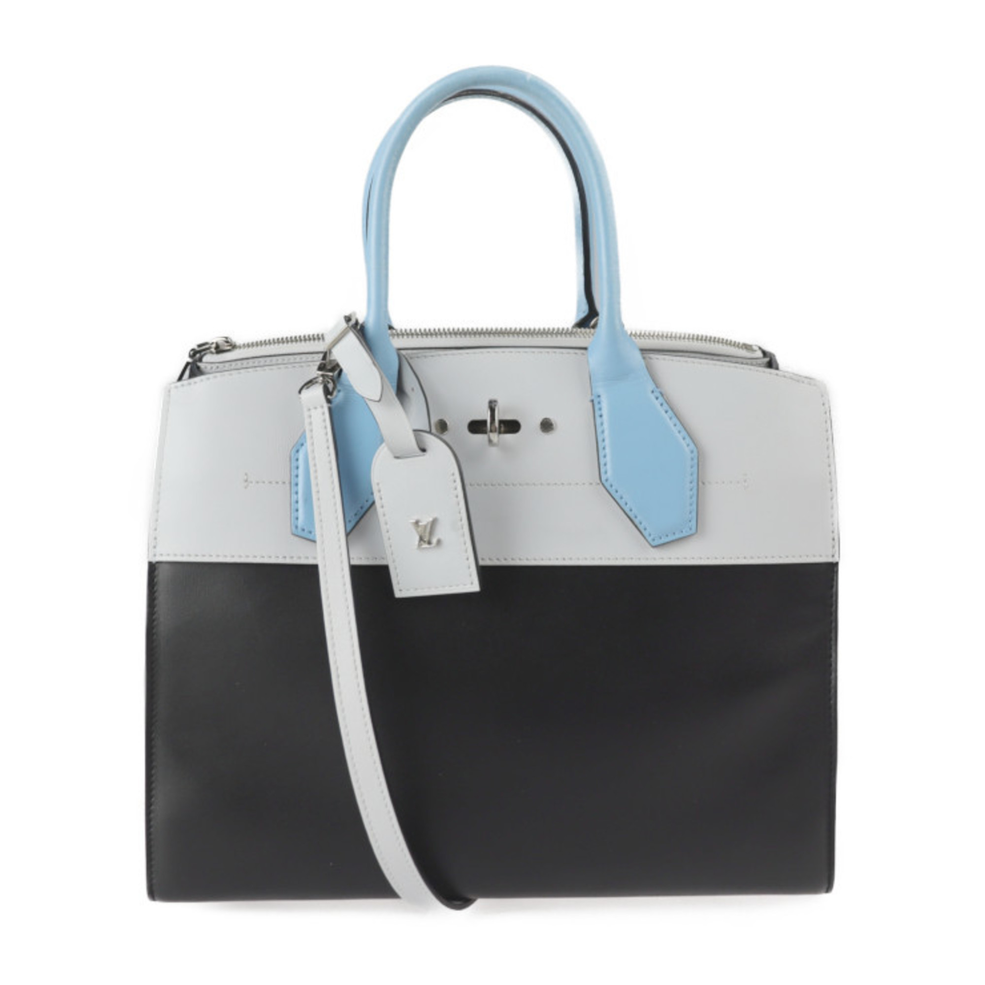 LOUIS VUITTON Louis Vuitton City Steamer MM Handbag M42435 Leather Black Gray Blue Silver Hardware 2WAY Shoulder Bag Tote