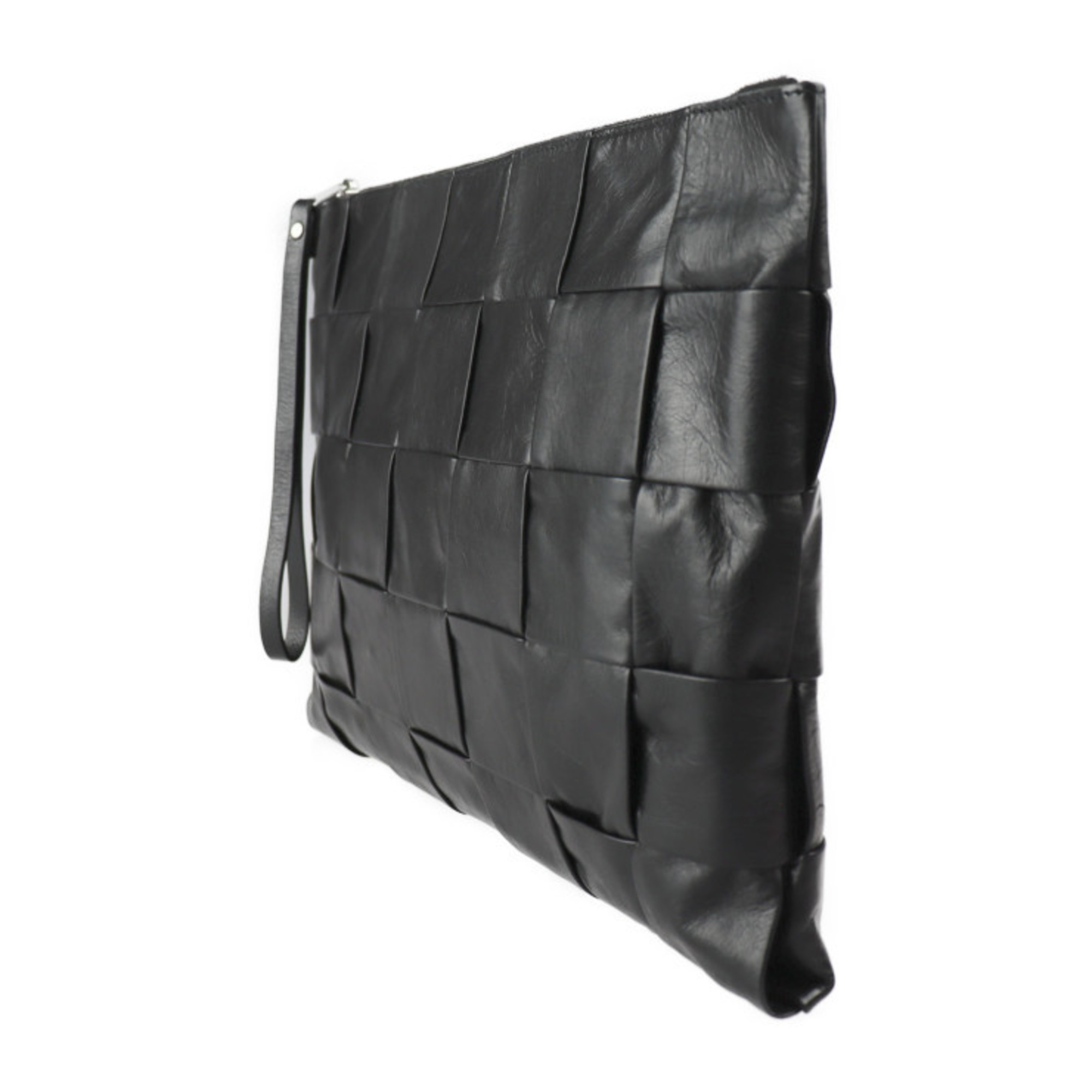 BOTTEGA VENETA Maxi intrecciato clutch bag leather black silver metal fittings second pouch