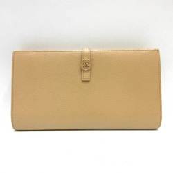 Chanel Wallet Coco Button Long Bi-Fold Beige Light Brown Women's Leather CHANEL