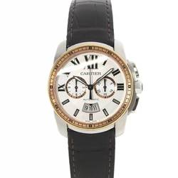 Cartier Caliber de Combi Chronograph W7100043 Men's Watch Date Silver Dial K18PG Pink Gold Back Skeleton Automatic Winding