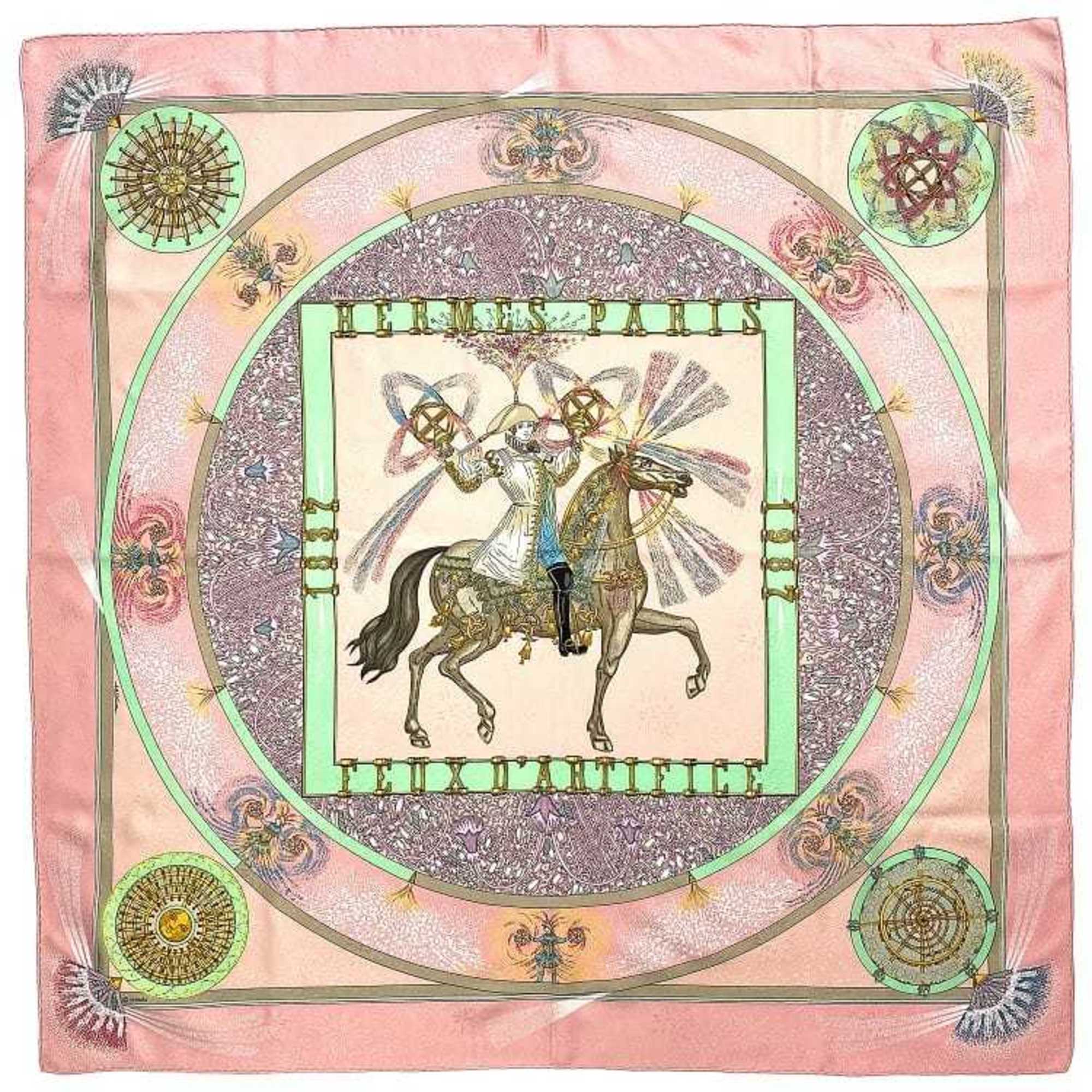 Hermes Scarf Muffler Carré 90 Pink Multicolor Flame Silk 100% HERMES Large Knight Horse Riding Dwarf FEUXDARTIFICE Women's Fashion