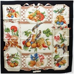 Ferragamo silk scarf muffler black x cream bird pattern fruit SALVATORE FERRAGAMO women's paper