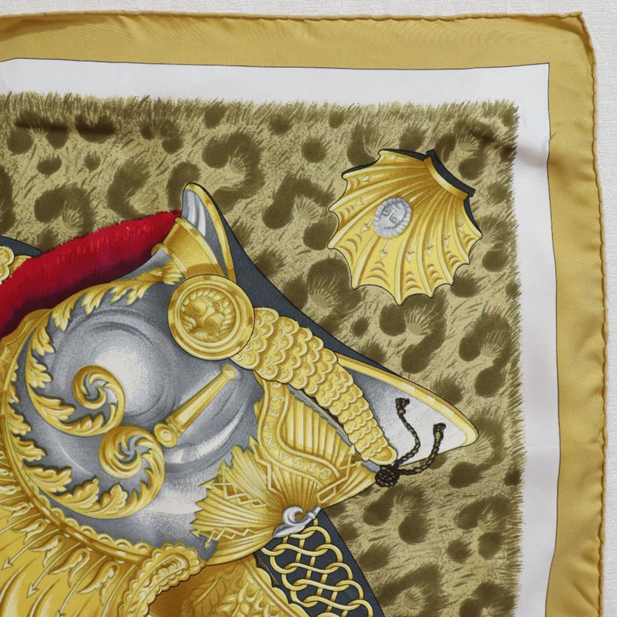 Hermes Carré 90 CASQUES et PLUMETS helmet and feather decoration silk yellow ladies scarf