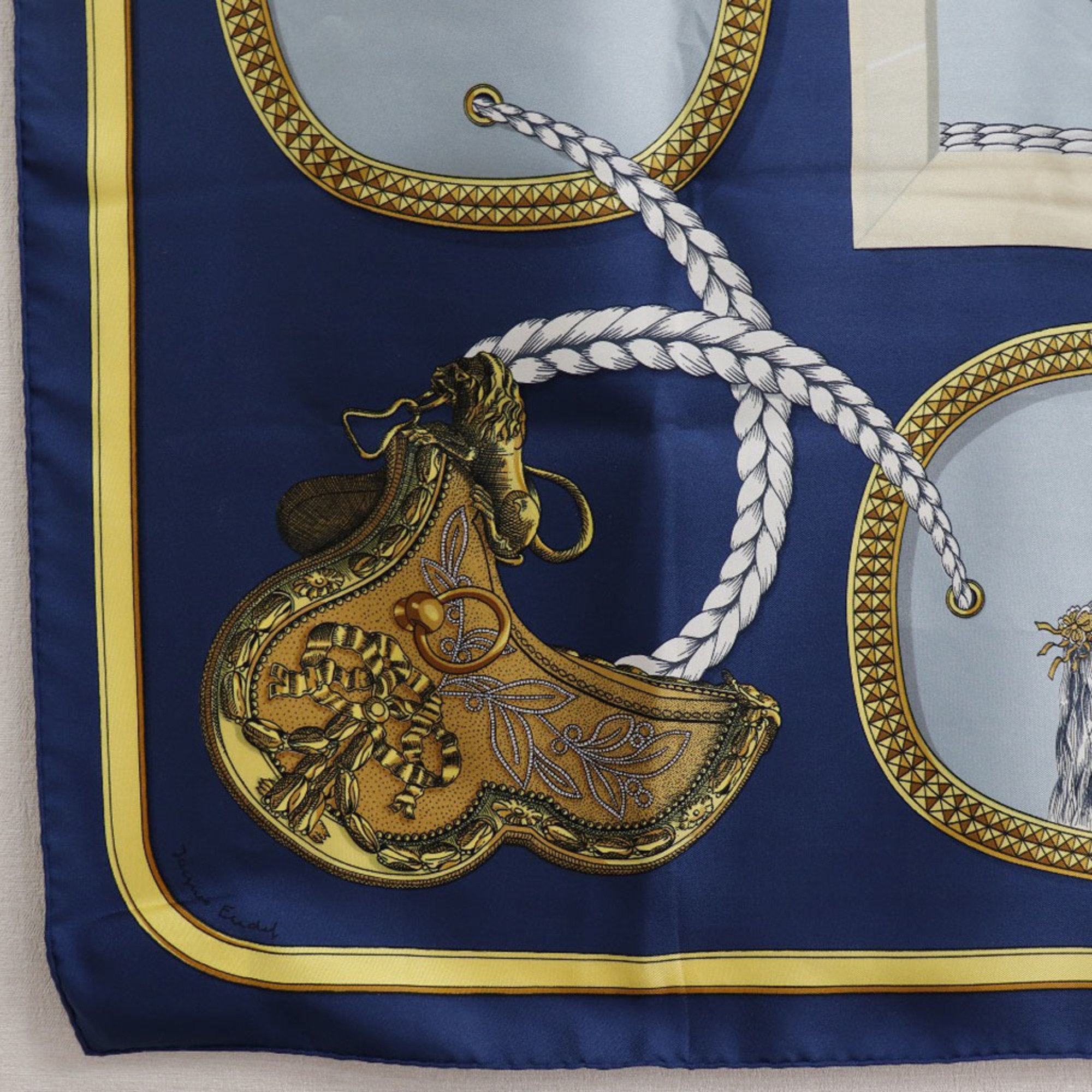 Hermes Carre 90 GRAND APPARAT Dressed Horse Silk Blue Women's Scarf