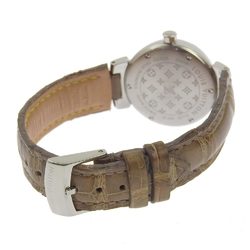 Louis Vuitton Tambour Forever Q121P Stainless Steel x Leather Brown Quartz Analog Display Women's Silver Shell Dial Watch